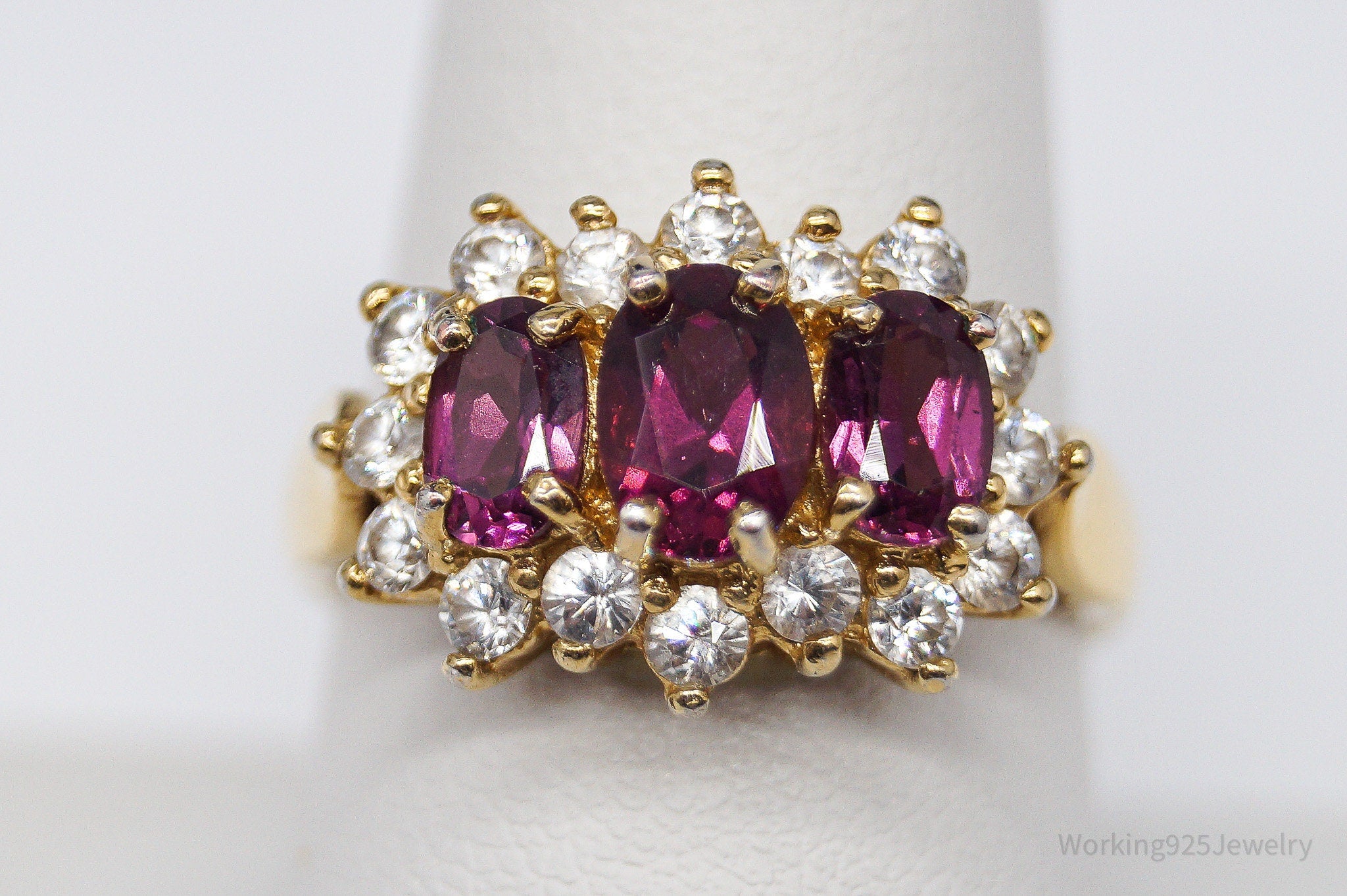 Vintage Pink Tourmaline Cubic Zirconia Gold Vermeil Sterling Silver Ring - Size 9