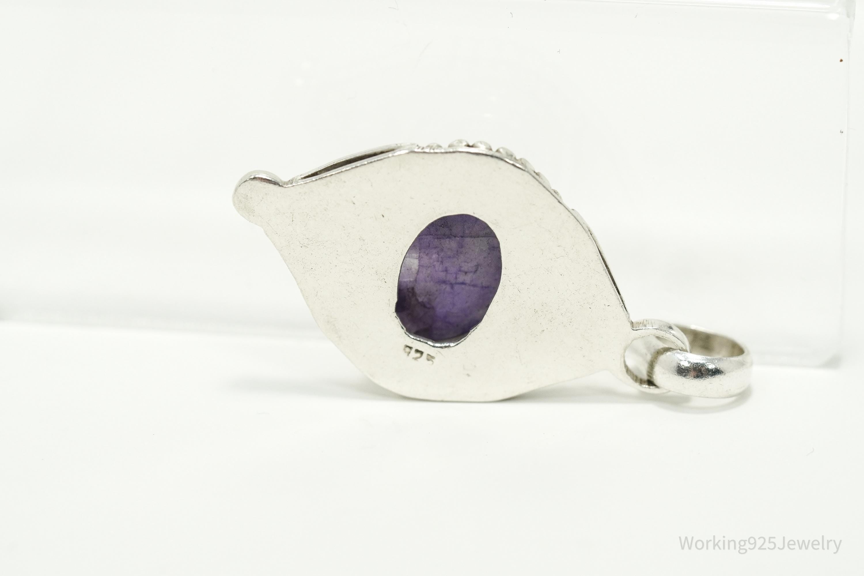 Vintage Sterling Silver Pendant • Purple Amethyst Cabochon Gemstone Jewelry