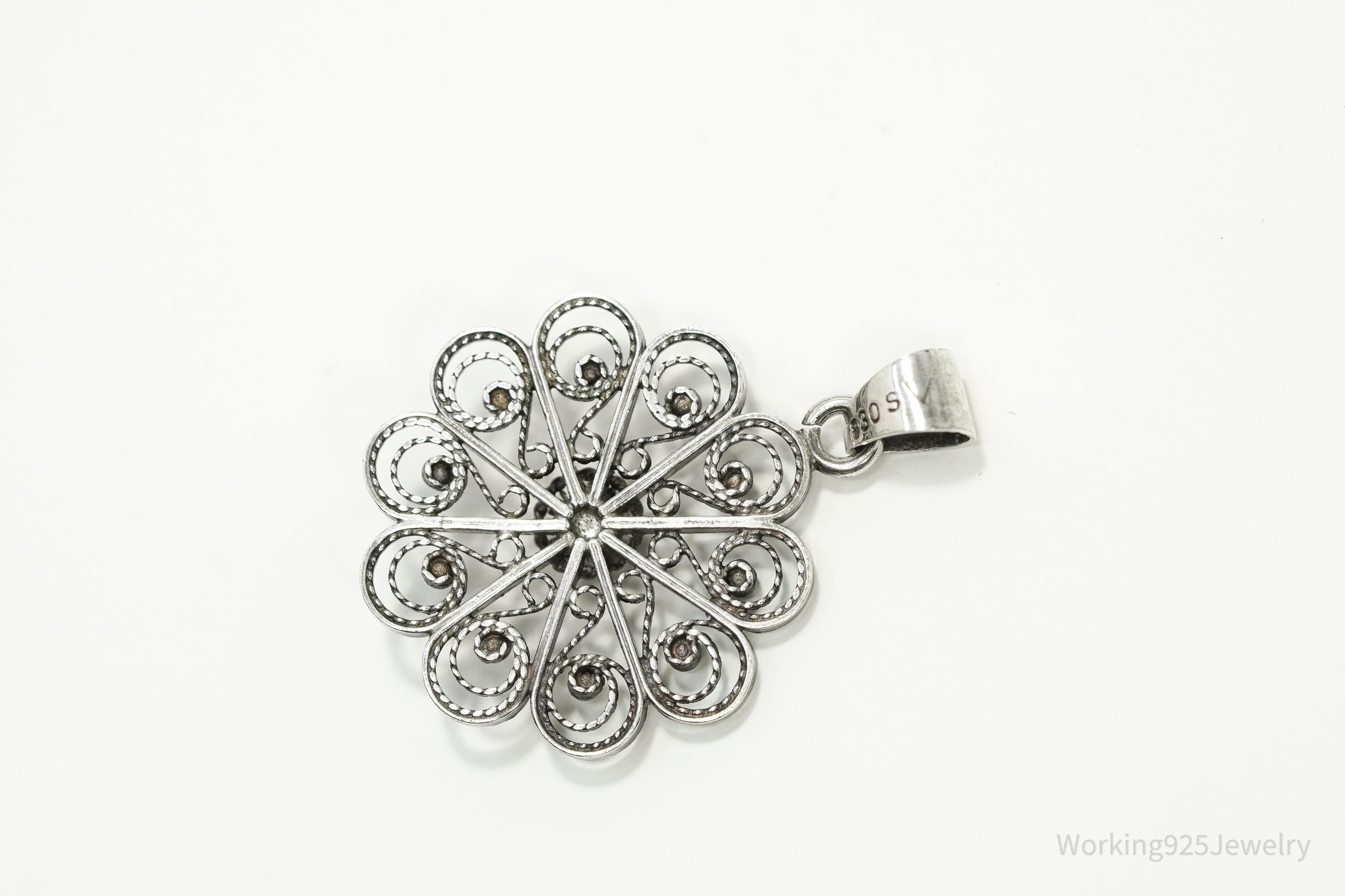 Vintage Ornate Norwegian Modernist Flower 830S Silver Pendant 1.25"