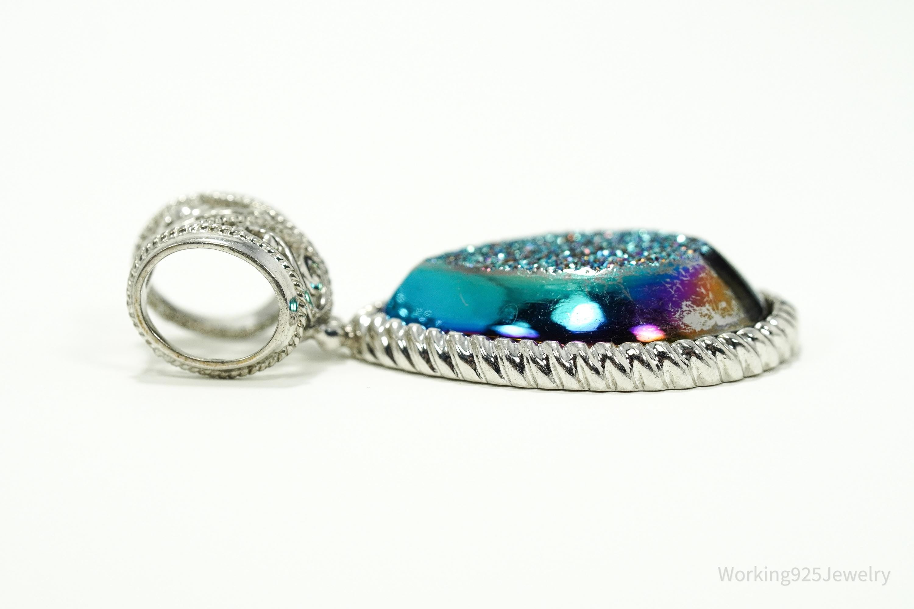 Vintage Large Druzy Quartz Sterling Silver Necklace Pendant