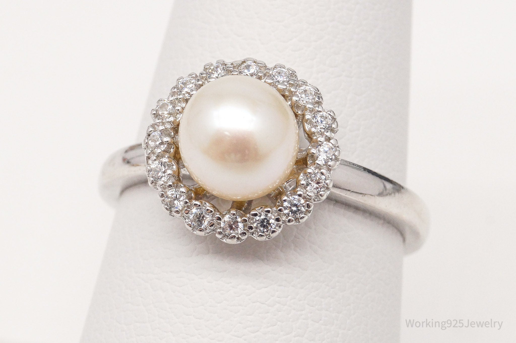 Vintage Designer Pearl Cubic Zirconia Sterling Silver Ring - Size 7.75