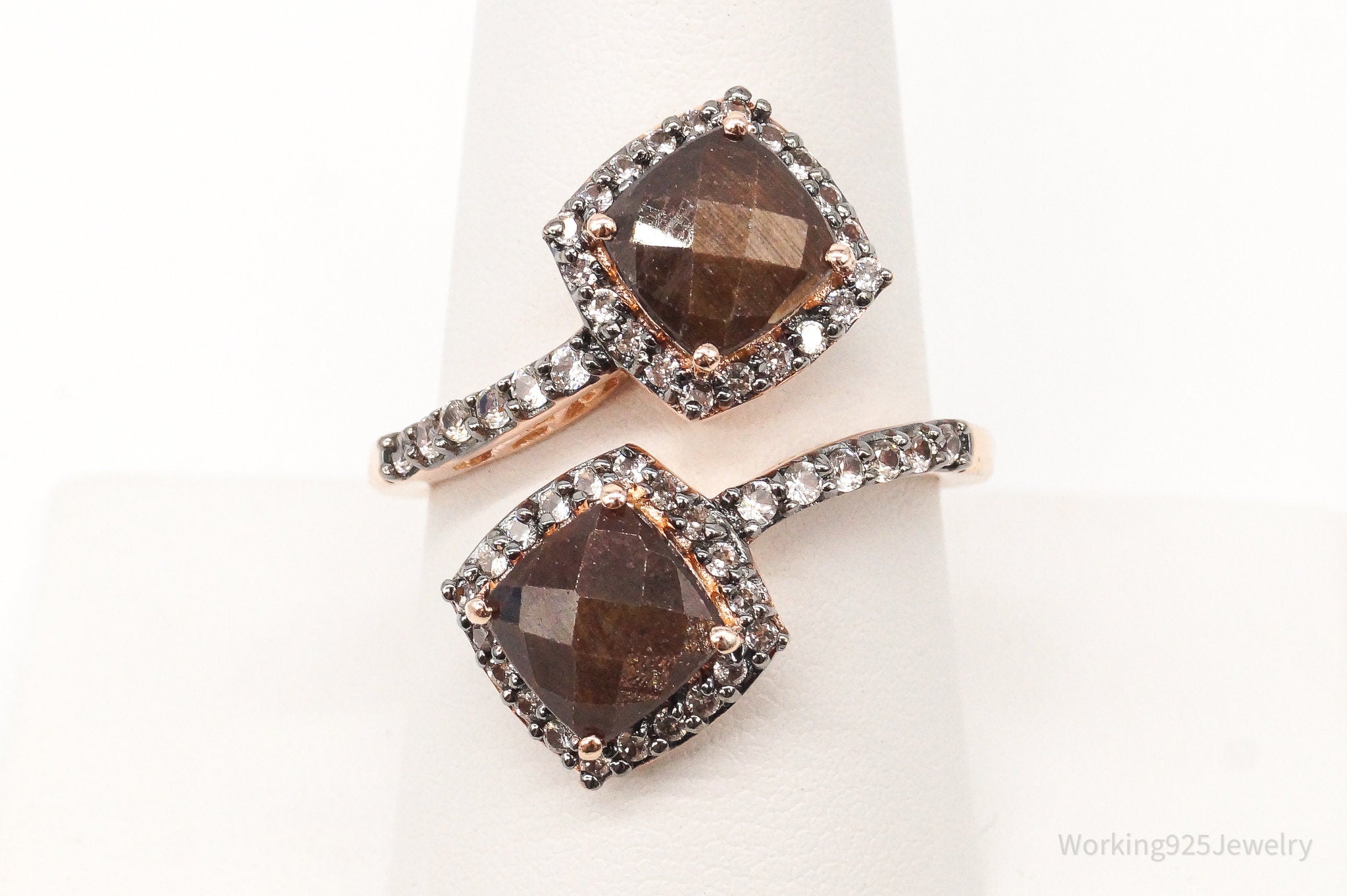 Vintage Tigers Eye Cubic Zirconia Rose Gold Vermeil Sterling Silver Ring Size 9