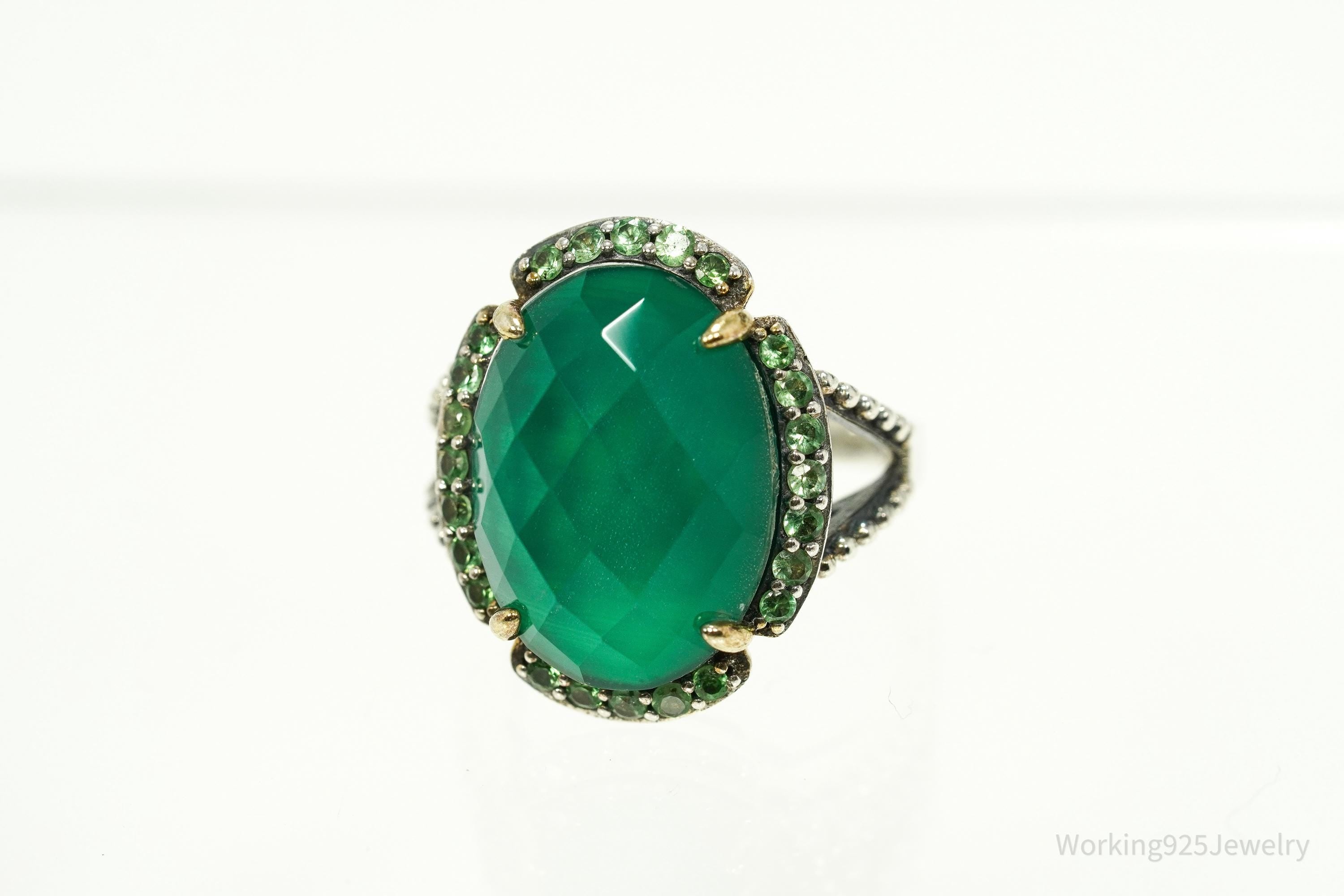 Vintage Green Chrysoprase & Peridot Gold Vermeil Sterling Silver Ring - Size 7