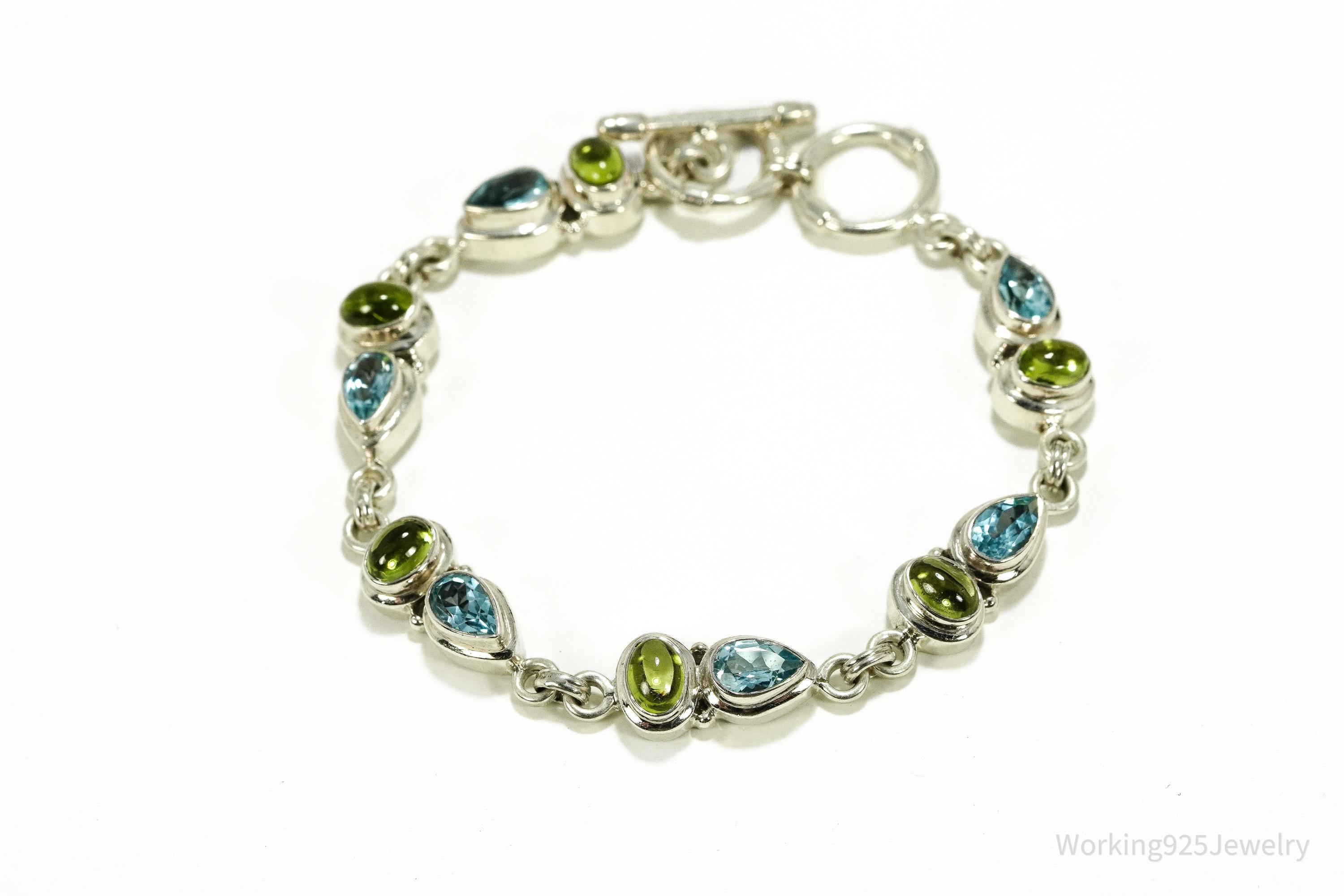 Vintage Blue Topaz & Peridot Sterling Silver Toggle Bracelet 8 1/8"