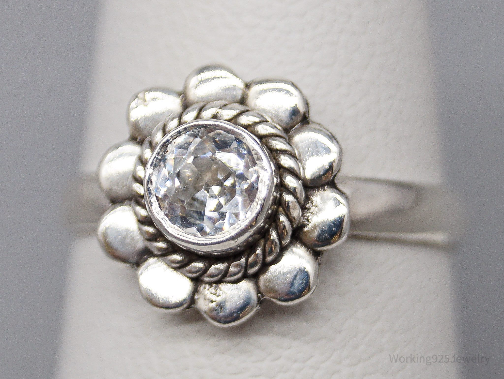 Vintage White Topaz Sterling Silver Flower Ring - Size 6.75