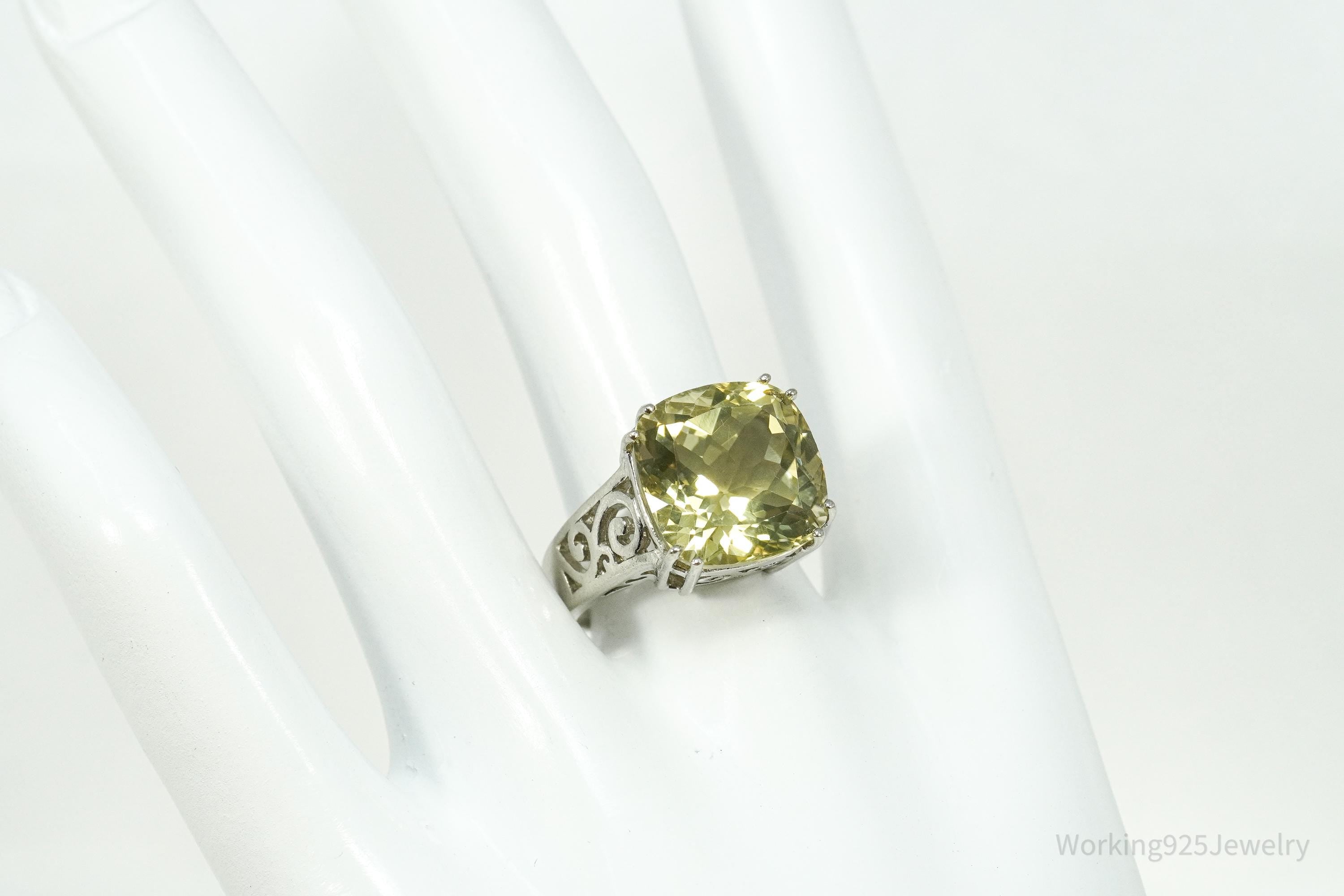 Vintage Large Lemon Citrine Sterling Silver Ring - Size 8
