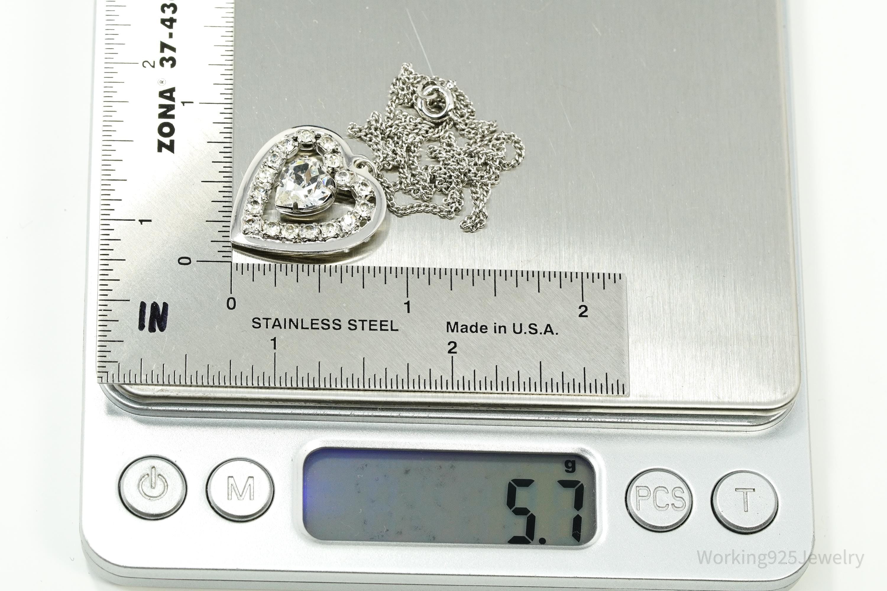 Vintage Faux Diamonds Sterling Silver Heart Chain Necklace 17"