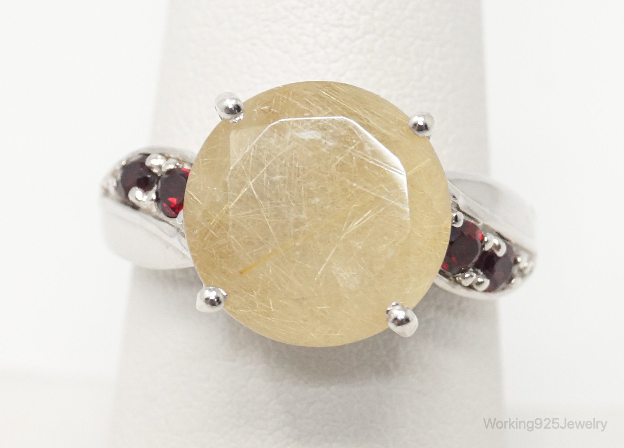 Vintage Rutilated Quartz Garnet Sterling Silver Ring - Sz 8