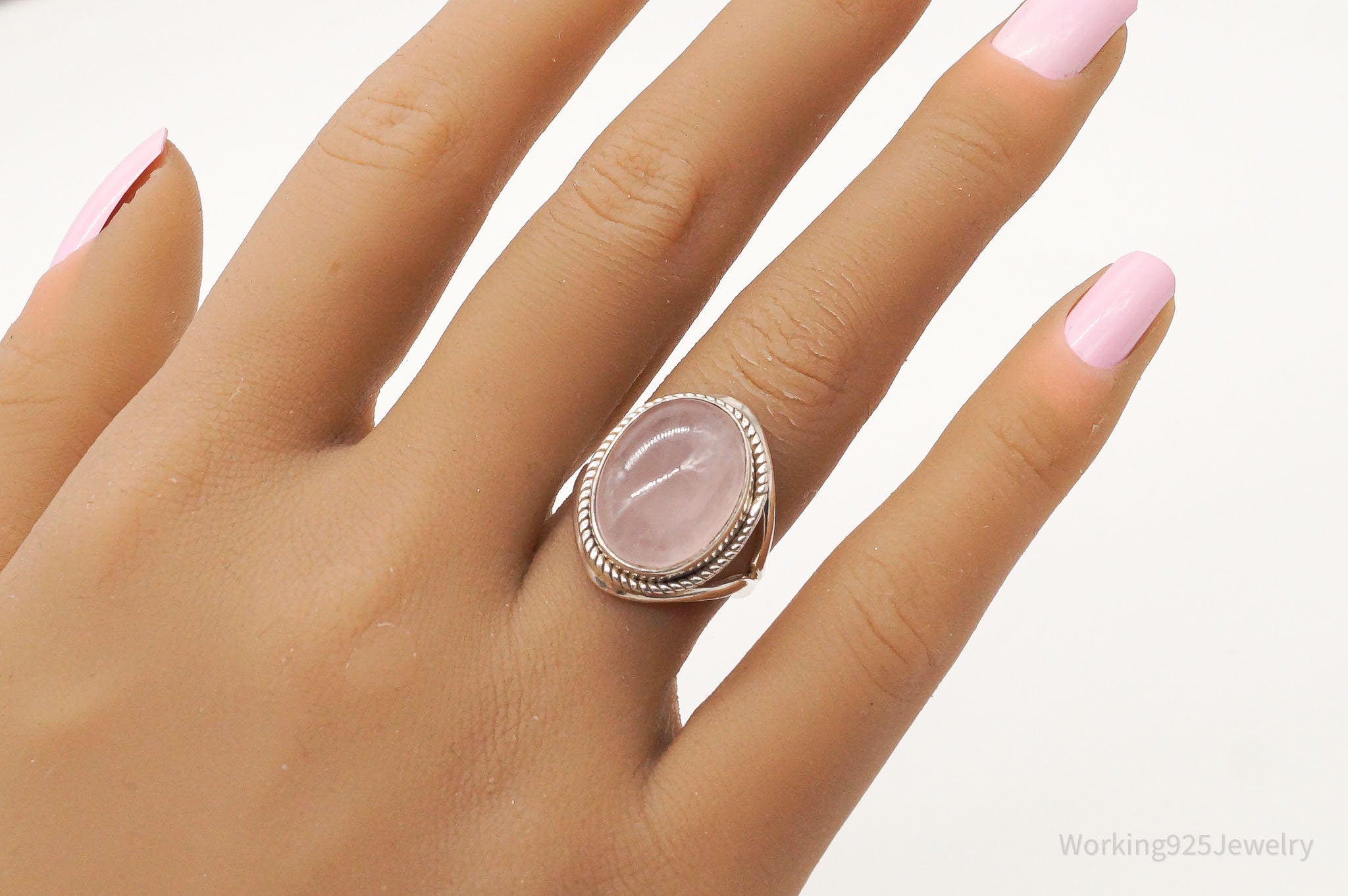 Vintage Large Rose Quartz Sterling Silver Ring - Size 6