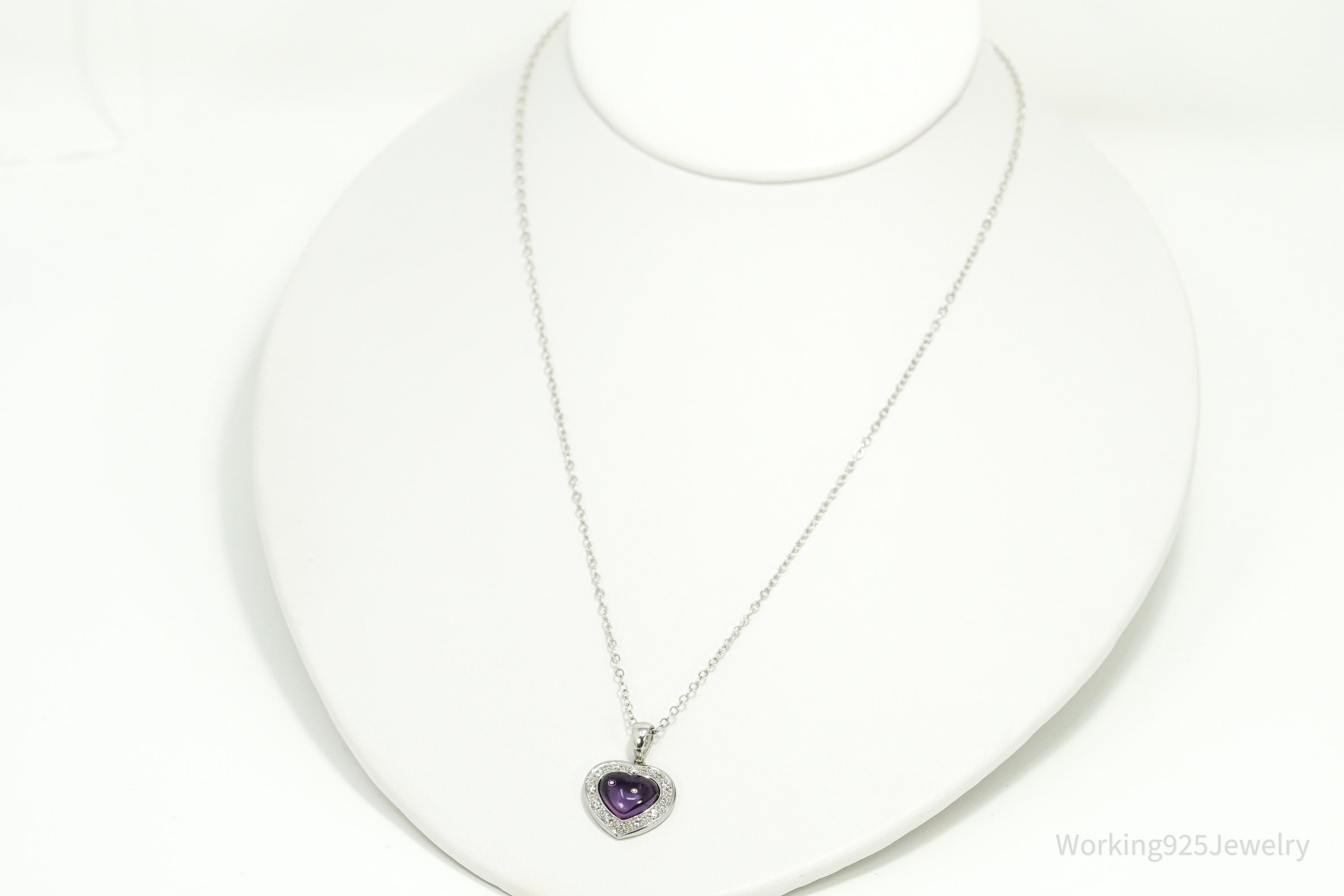 Vintage Amethyst & Cubic Zirconia Sterling Silver Heart Chain Necklace 20"