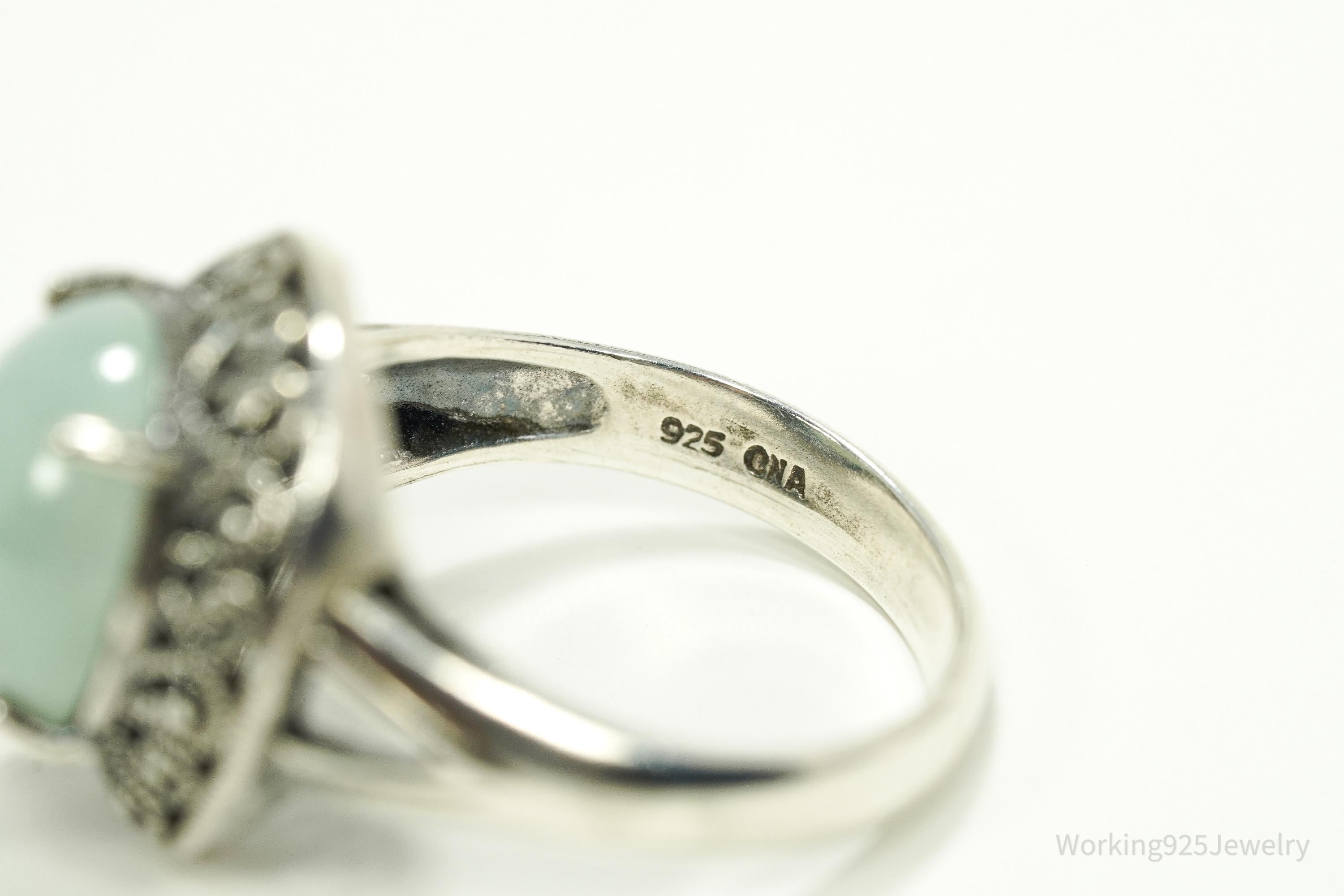 Vintage CNA Green Jade Sterling Silver Ring - Size 7