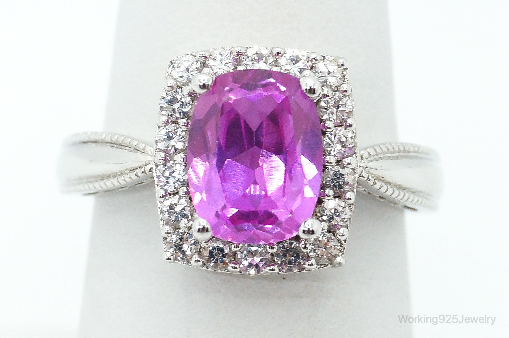 Fuchsia Tourmaline Cubic Zirconia "Mom" Sterling Silver Ring - Size 6.75