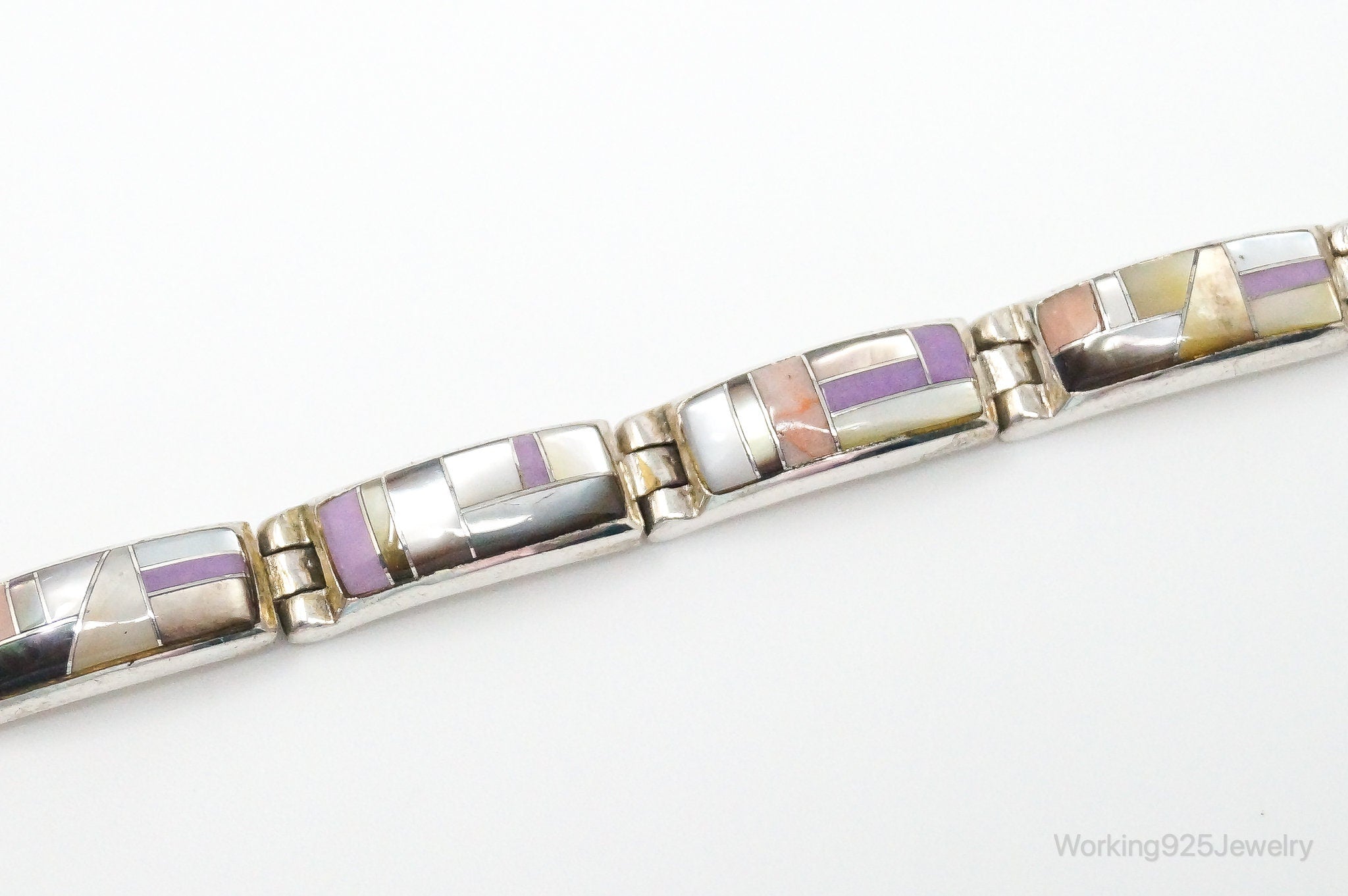 Vintage Native American Unsigned Multi Gem Inlay Sterling Silver Bracelet