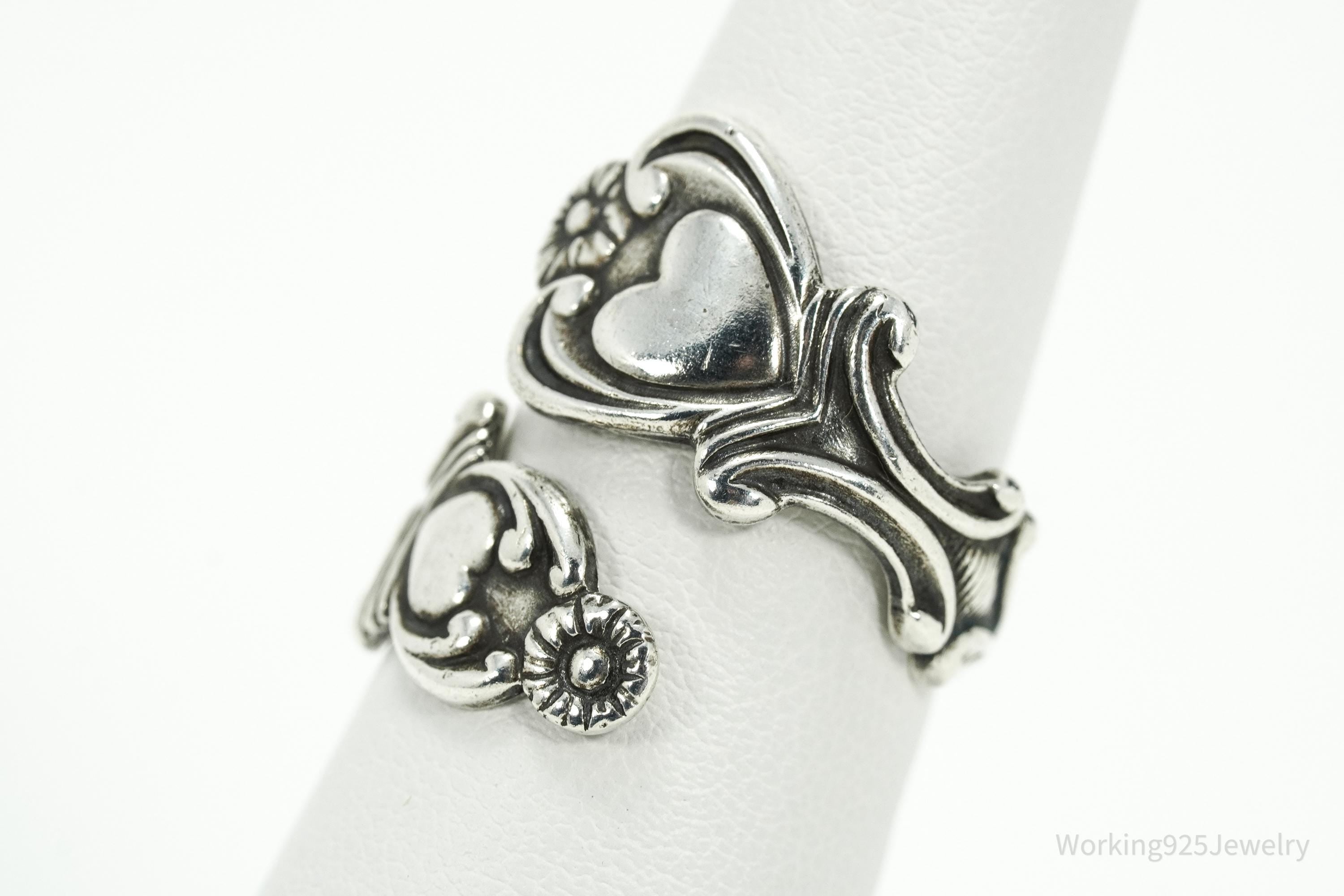 Vintage Avon Hearts & Flowers Sterling Silver Adjustable Wrap Spoon Ring - Size 7.5