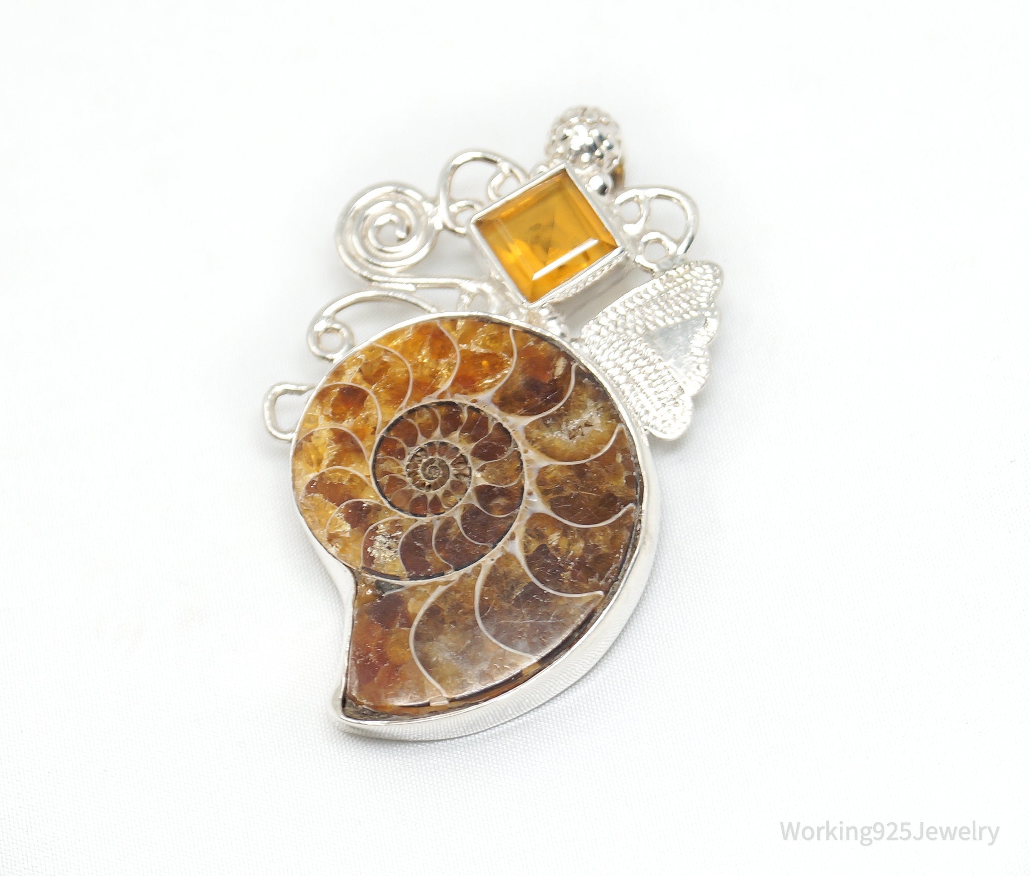 Vintage Large Ammonite Fossil Shell Citrine Sterling Silver Necklace Pendant