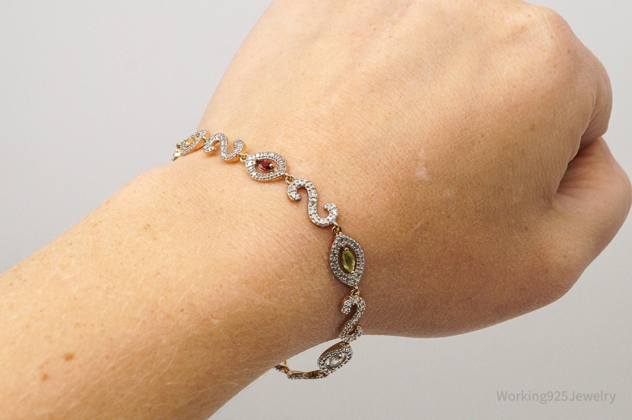 Vintage Multi Gem Single Diamond Gold Over Sterling Silver Bracelet