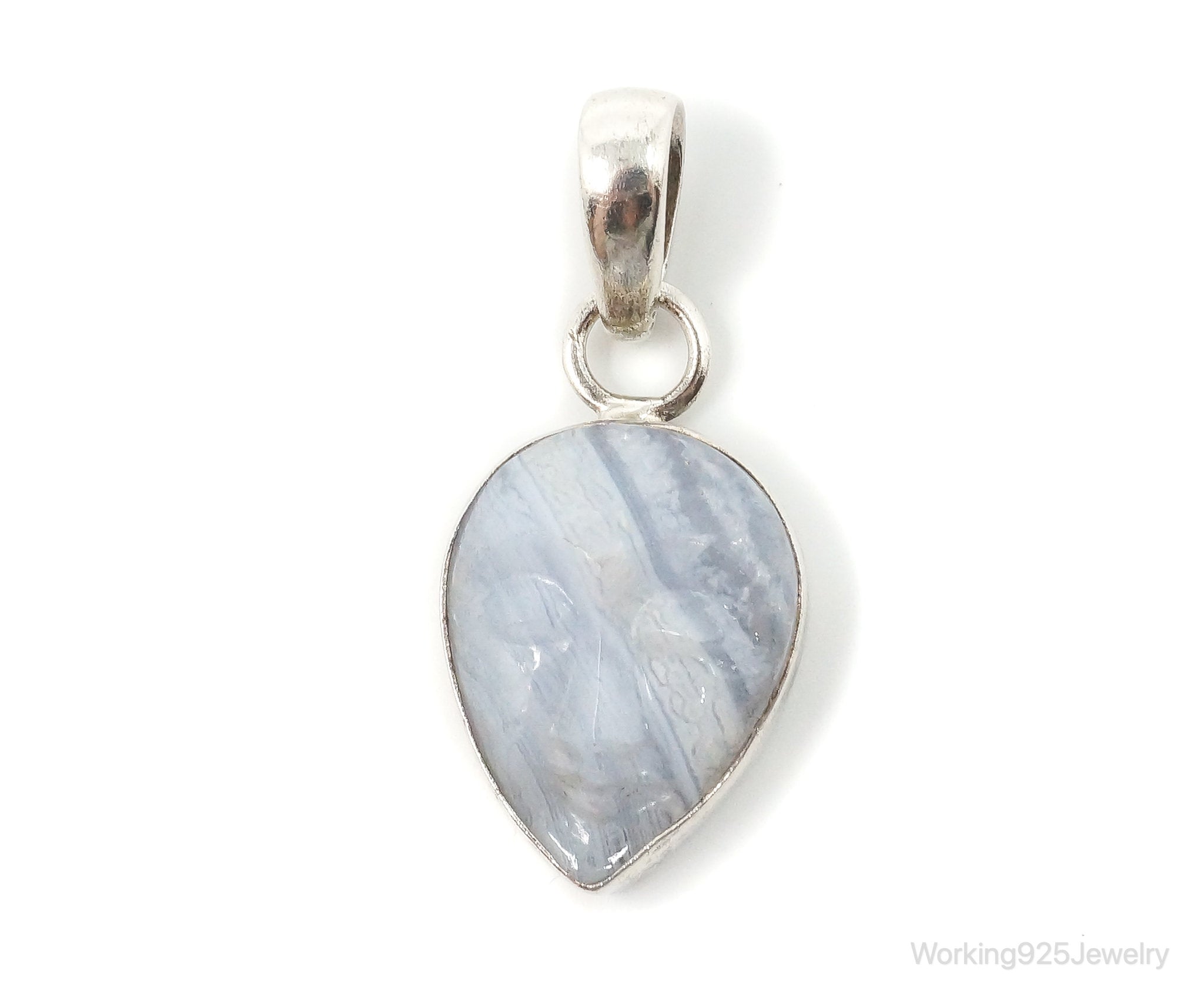 Vintage Blue Lace Agate Moon Face Sterling Silver Pendant