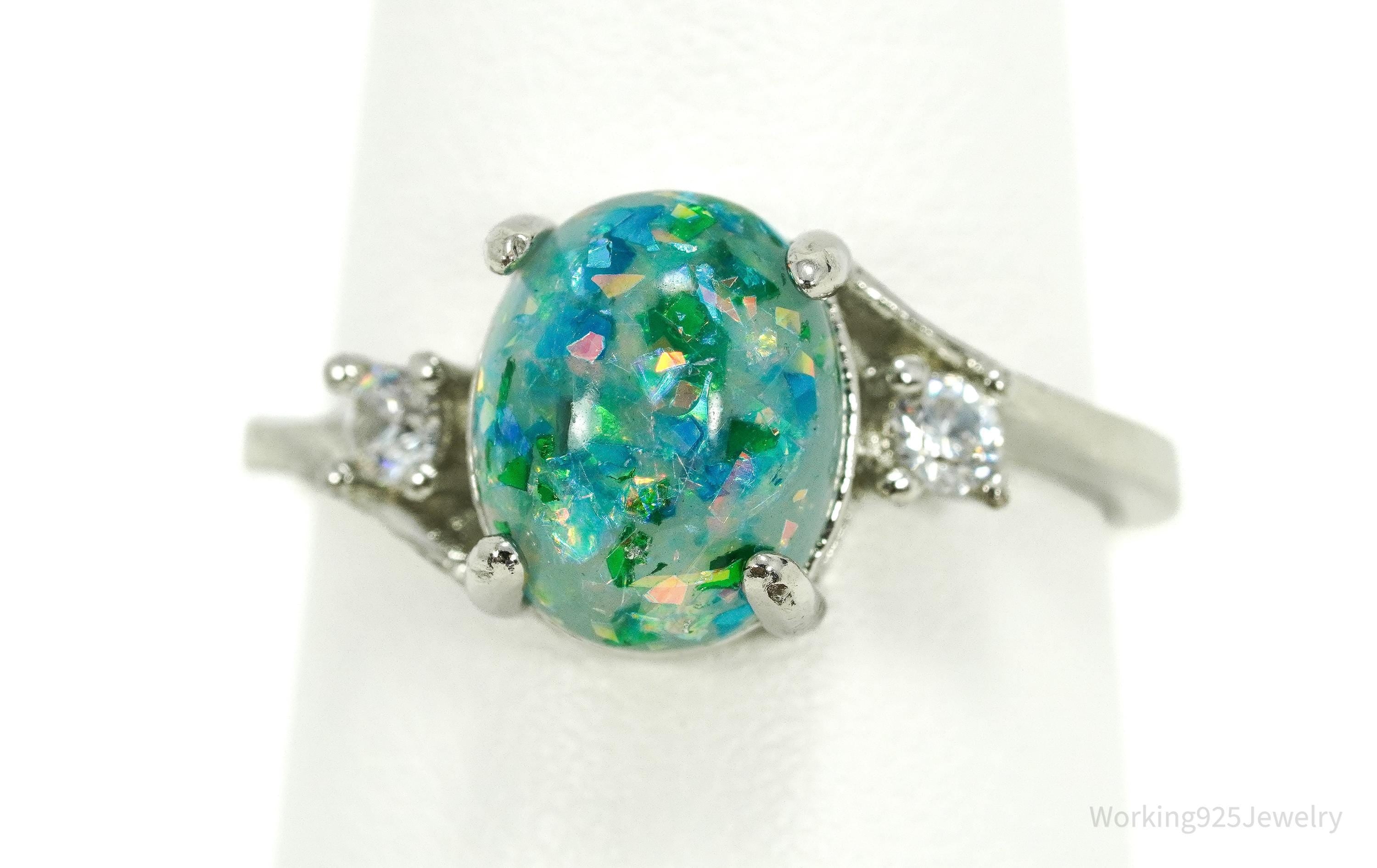 Vintage Faux Opal & Faux Diamonds Sterling Silver Plated Ring - Size 7