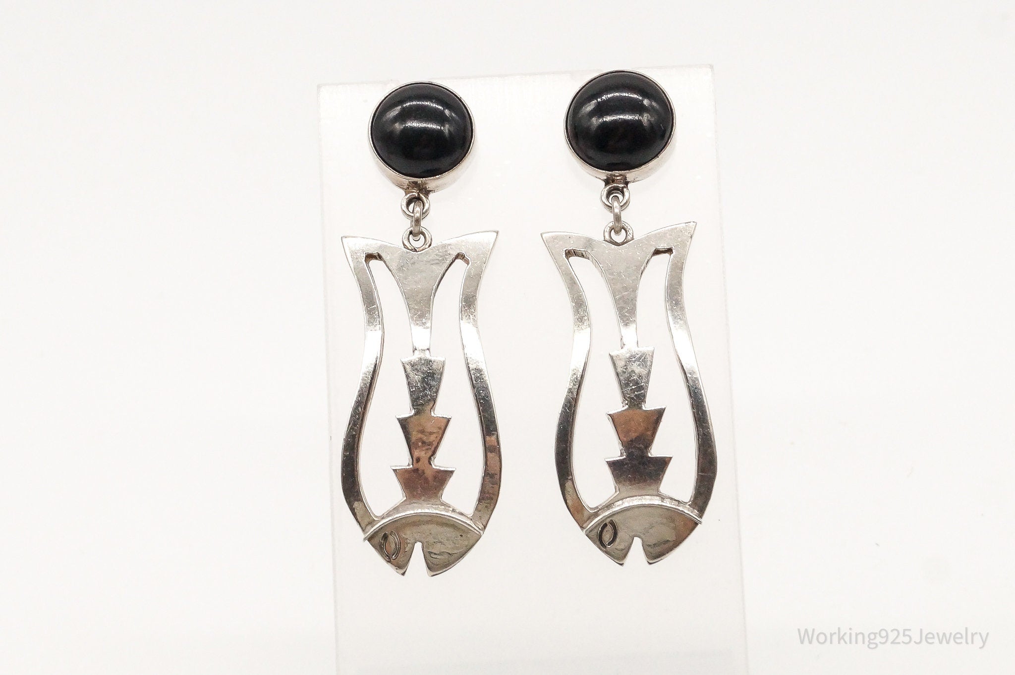 Vintage Mexico Modernist Black Onyx Fish Sterling Silver Earrings