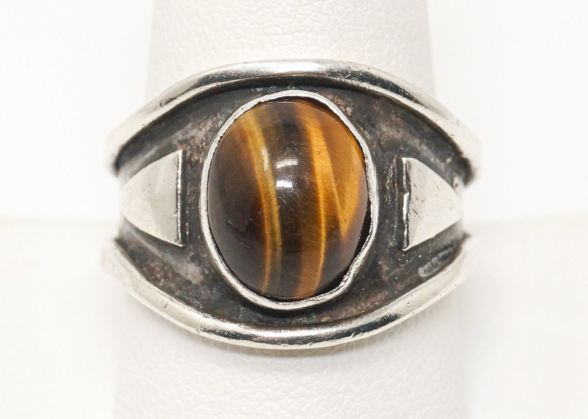 Vintage Native American Tigers Eye Unsigned Sterling Silver Ring - Sz 10