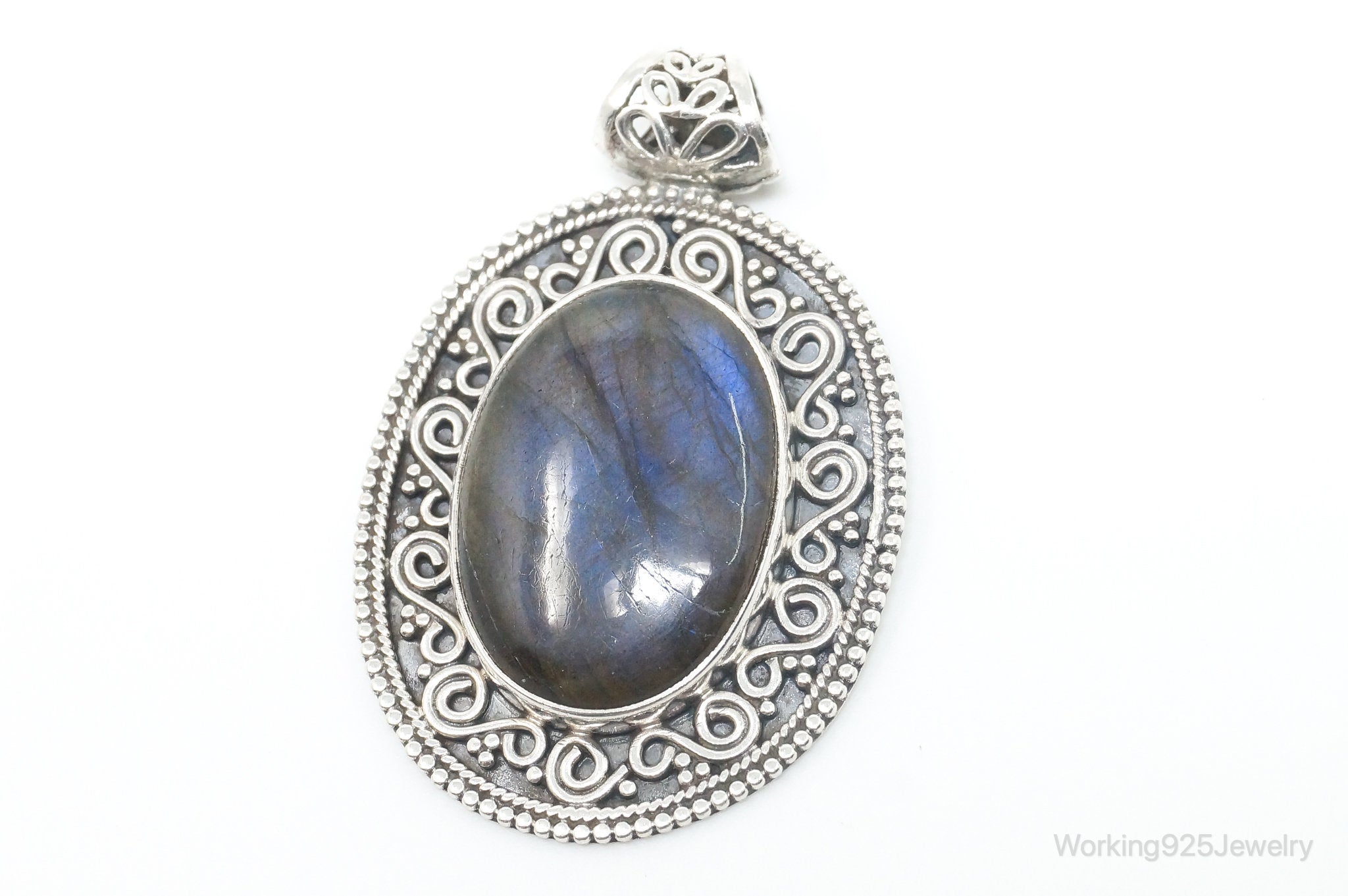 Vintage Large Labradorite Bali Sterling Silver Necklace Pendant