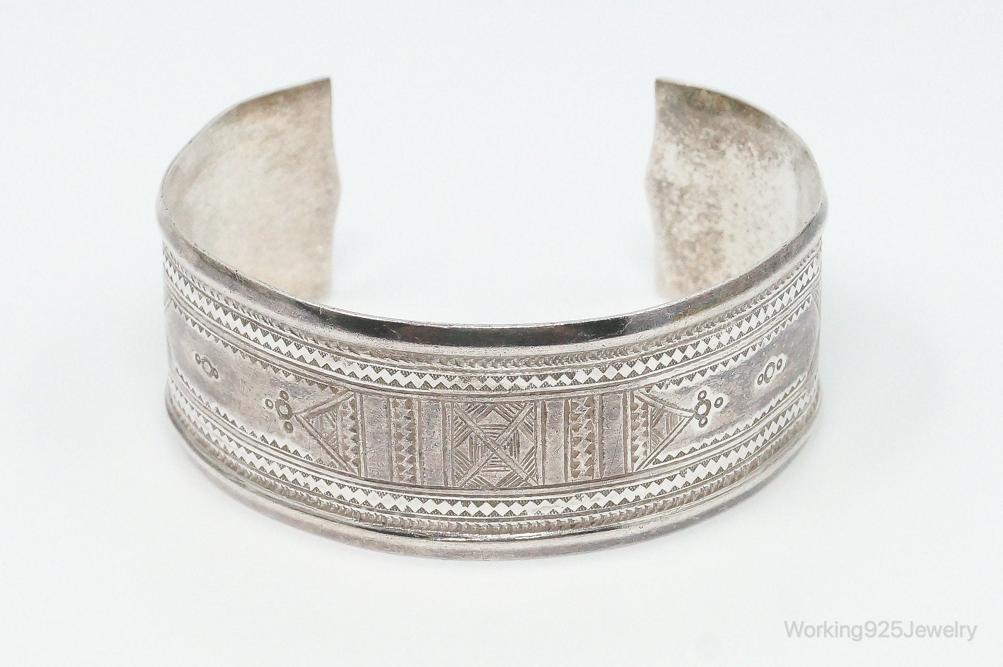 Vintage Southwestern Handmade Tribal Etched Sterling Silver Cuff Bracelet