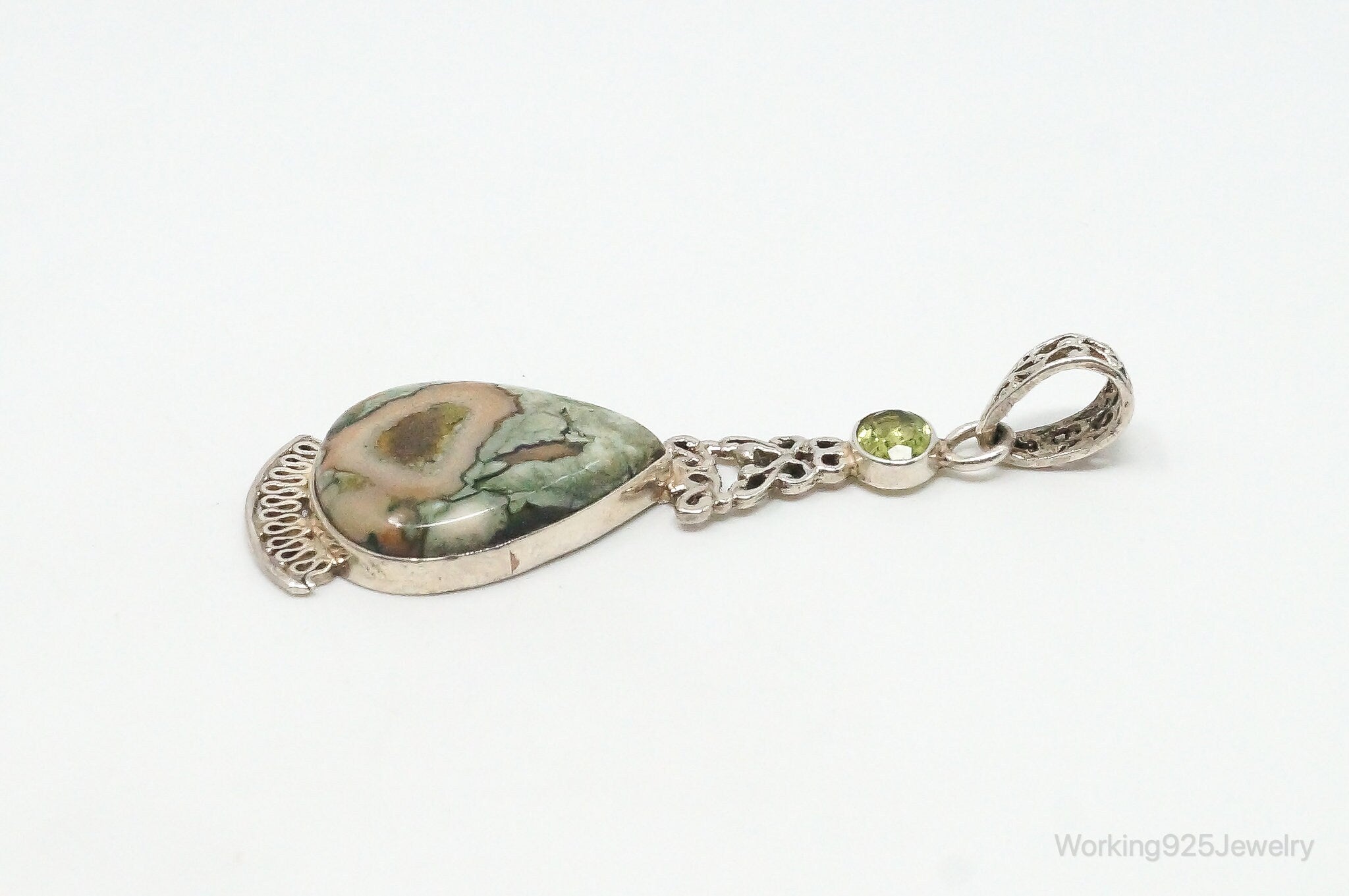 Vintage Large Jasper Peridot Sterling Silver Necklace Pendant