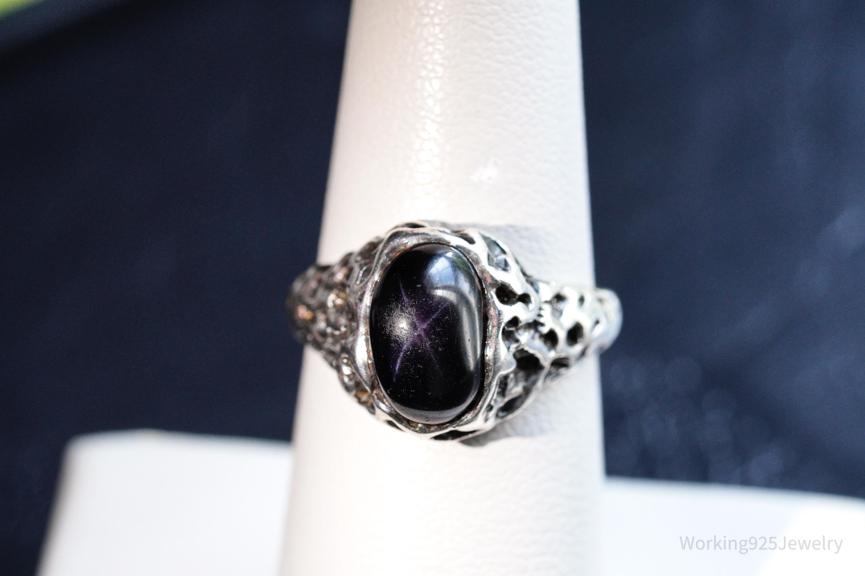 Vintage Brutalist Star Stone Silver Ring - Size 6.5