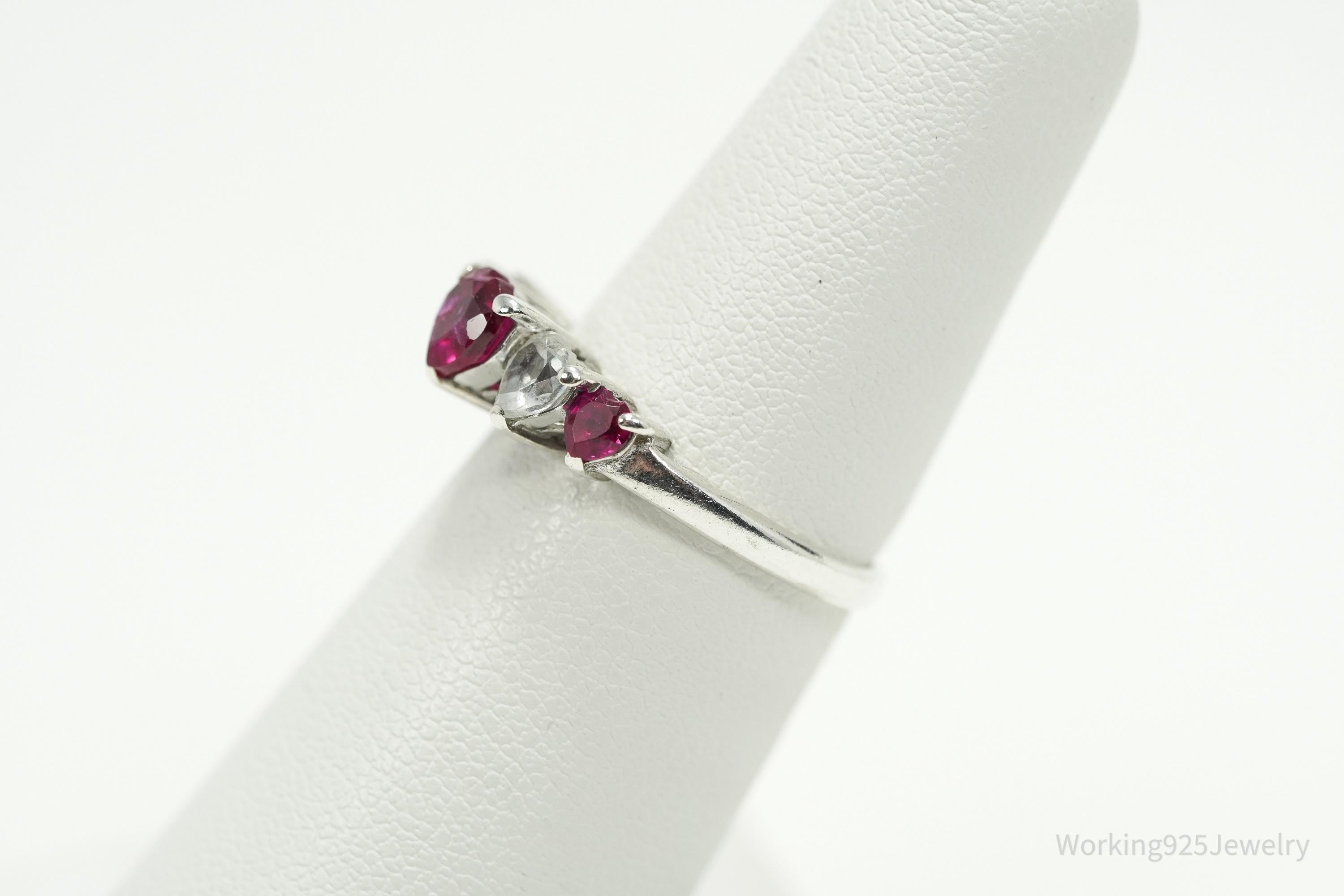 Vintage Ruby & White Topaz Hearts Sterling Silver Ring - Size 5.5