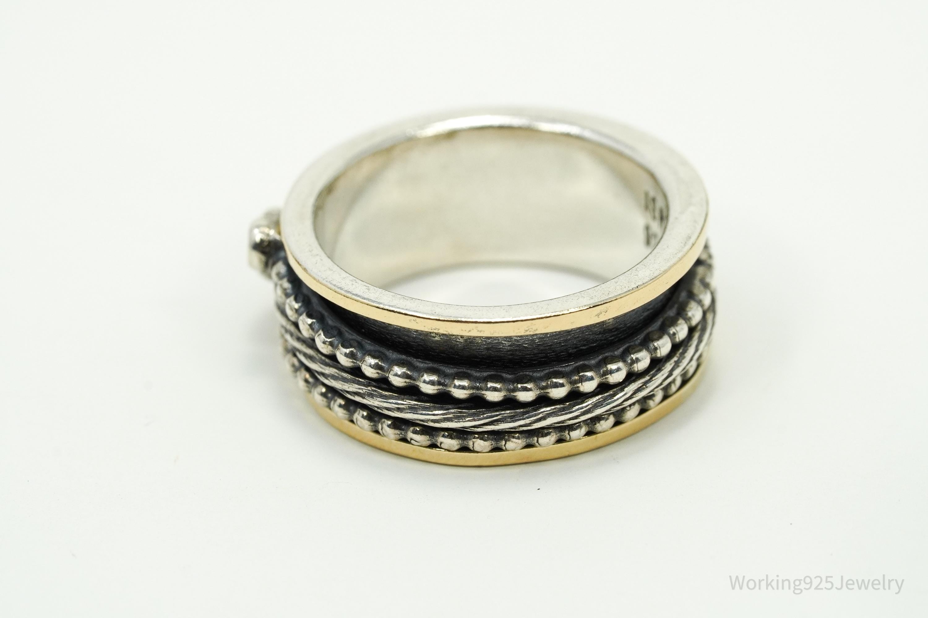 Designer PZ 14K Gold Multi Gem Spinner Sterling Silver Ring - Size 6.5