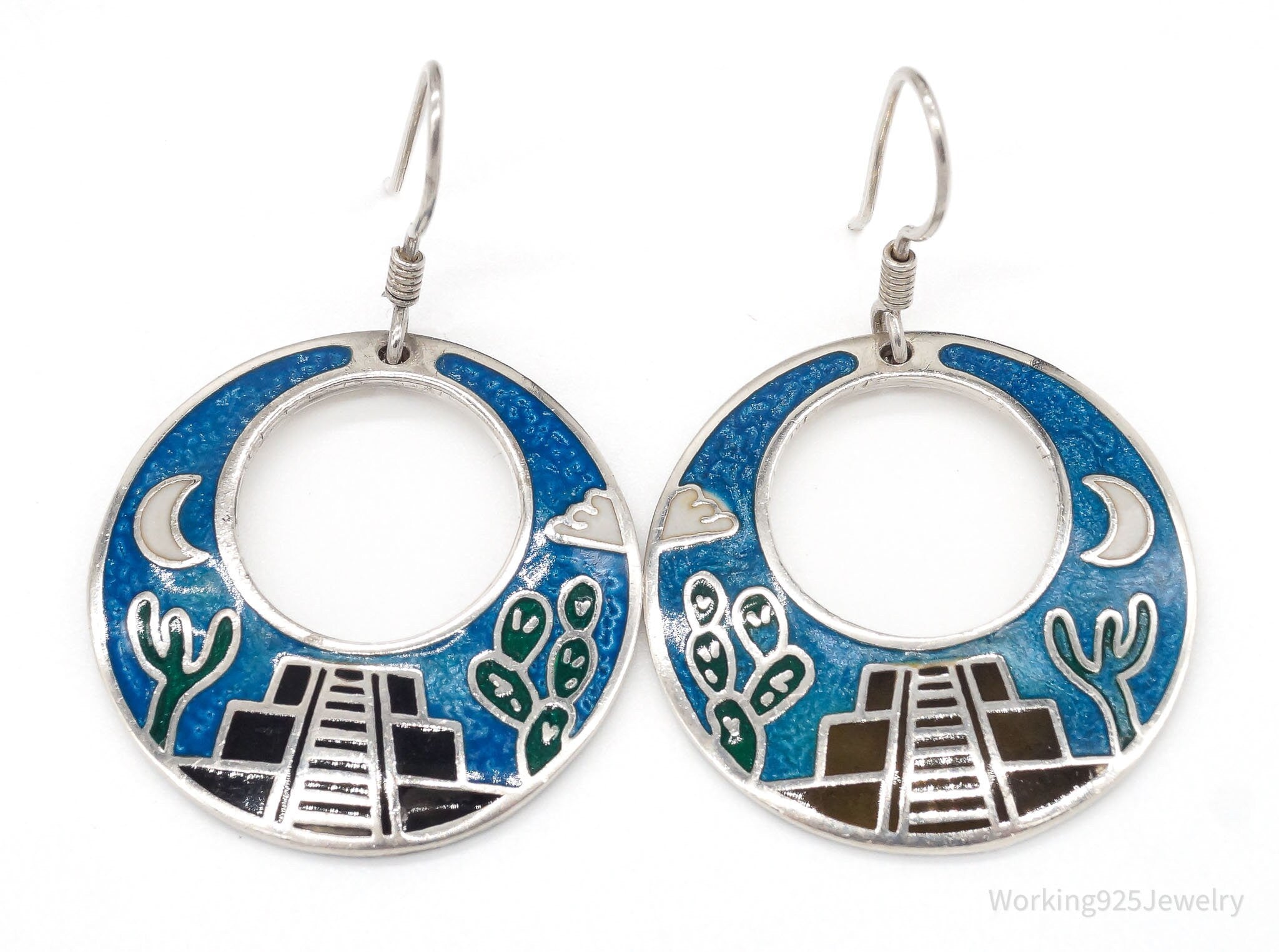 Vintage Taxco Storyteller Enamel Sterling Silver Earrings