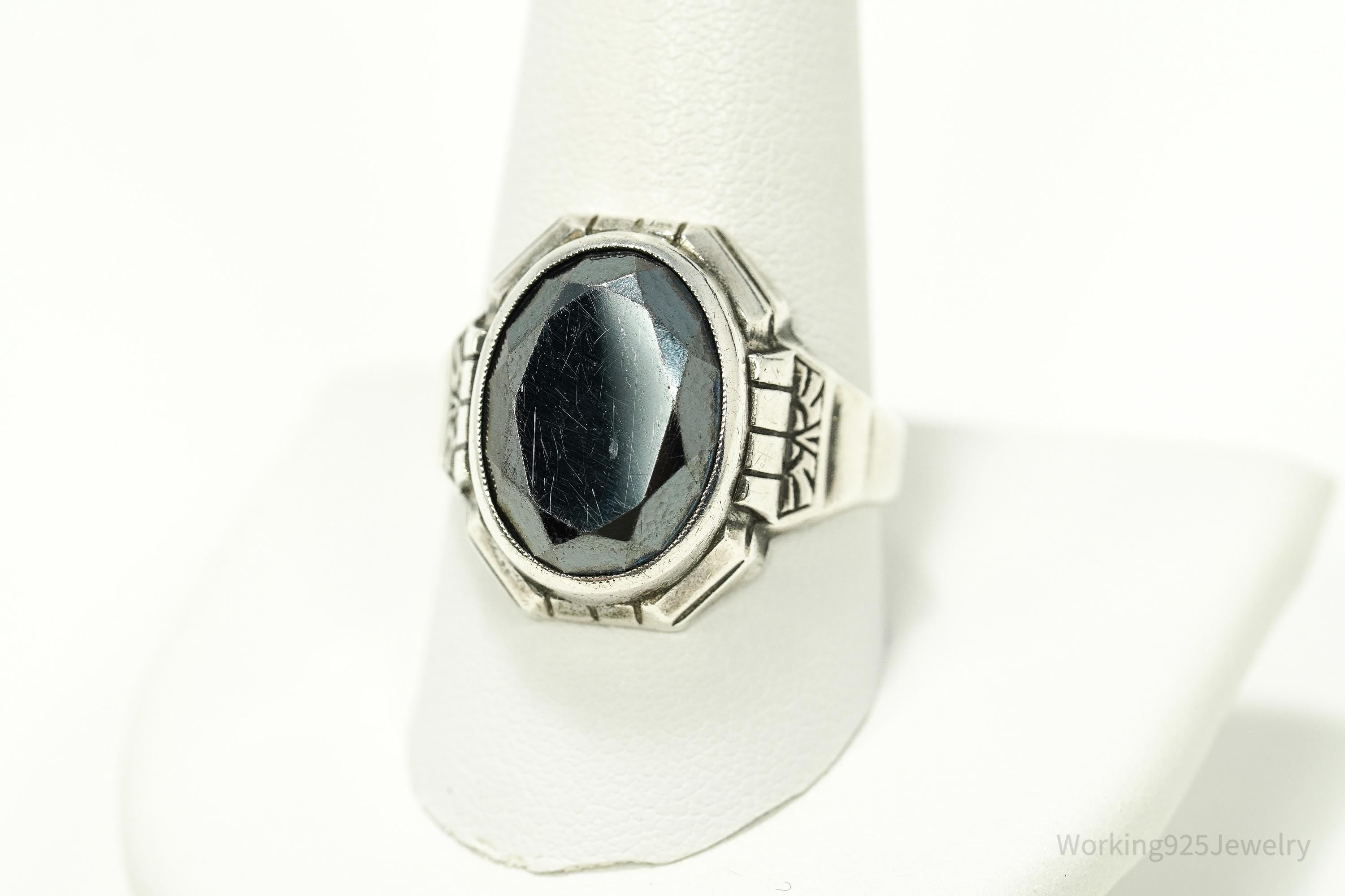 Antique Uncas MFG CO Hematite Sterling Silver Ring Size 10.75
