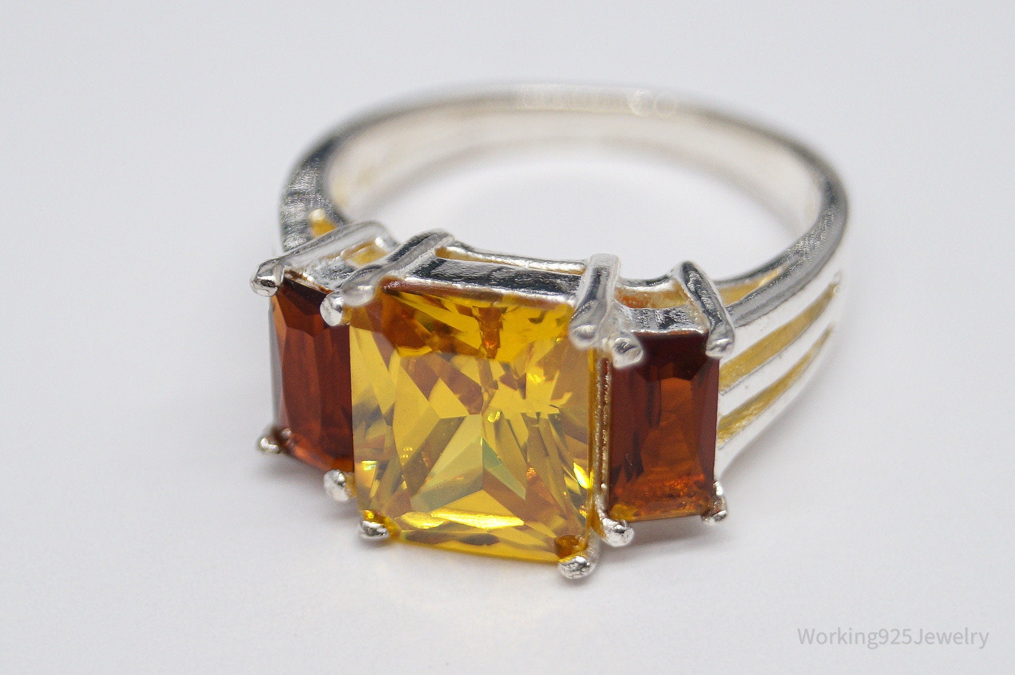 Vintage Large Yellow Tourmaline & Faux Amber Stone Sterling Silver Ring - Size 6.5
