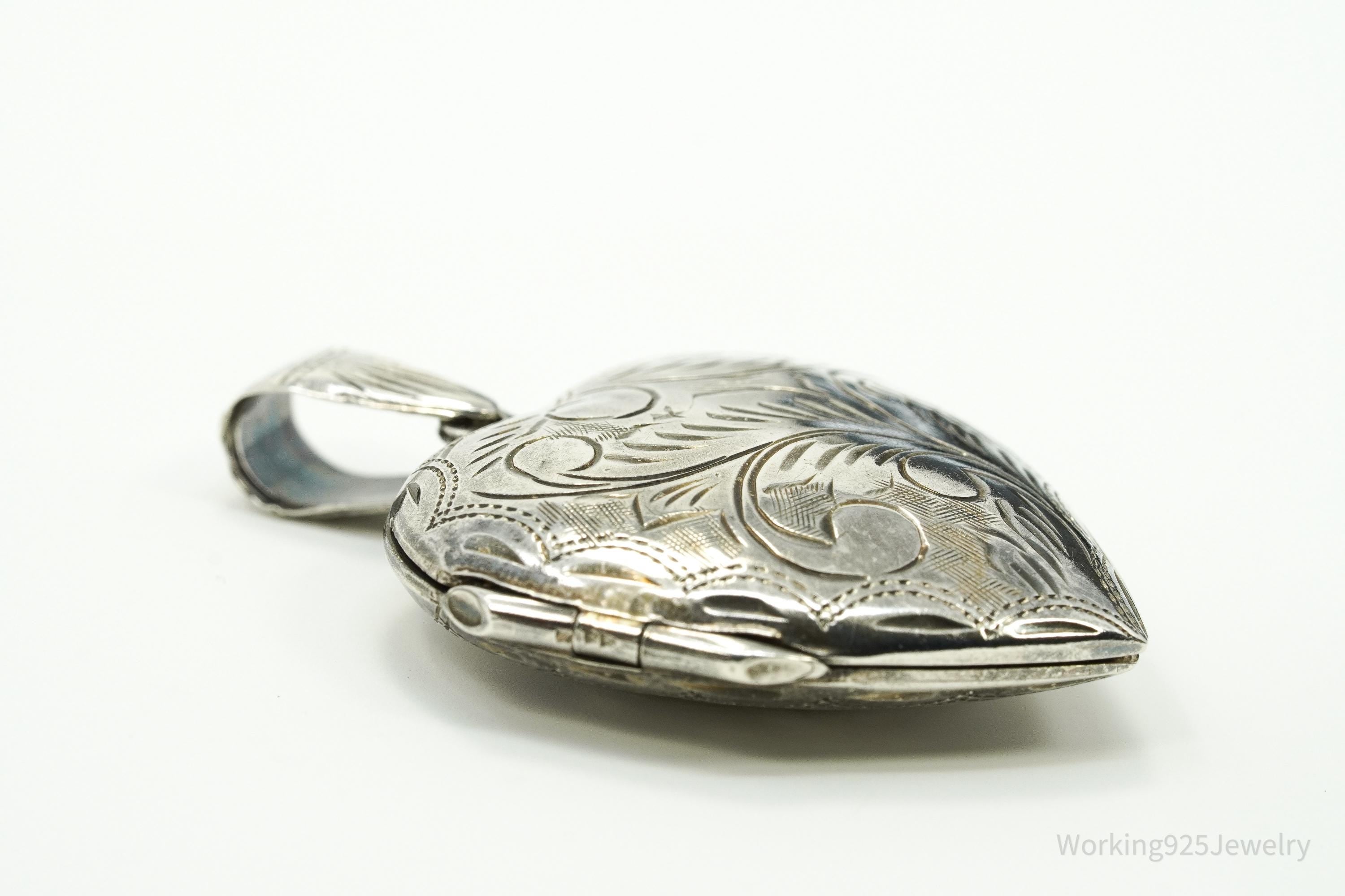 Vintage Etched Floral Heart Picture Locket Sterling Silver Pendant