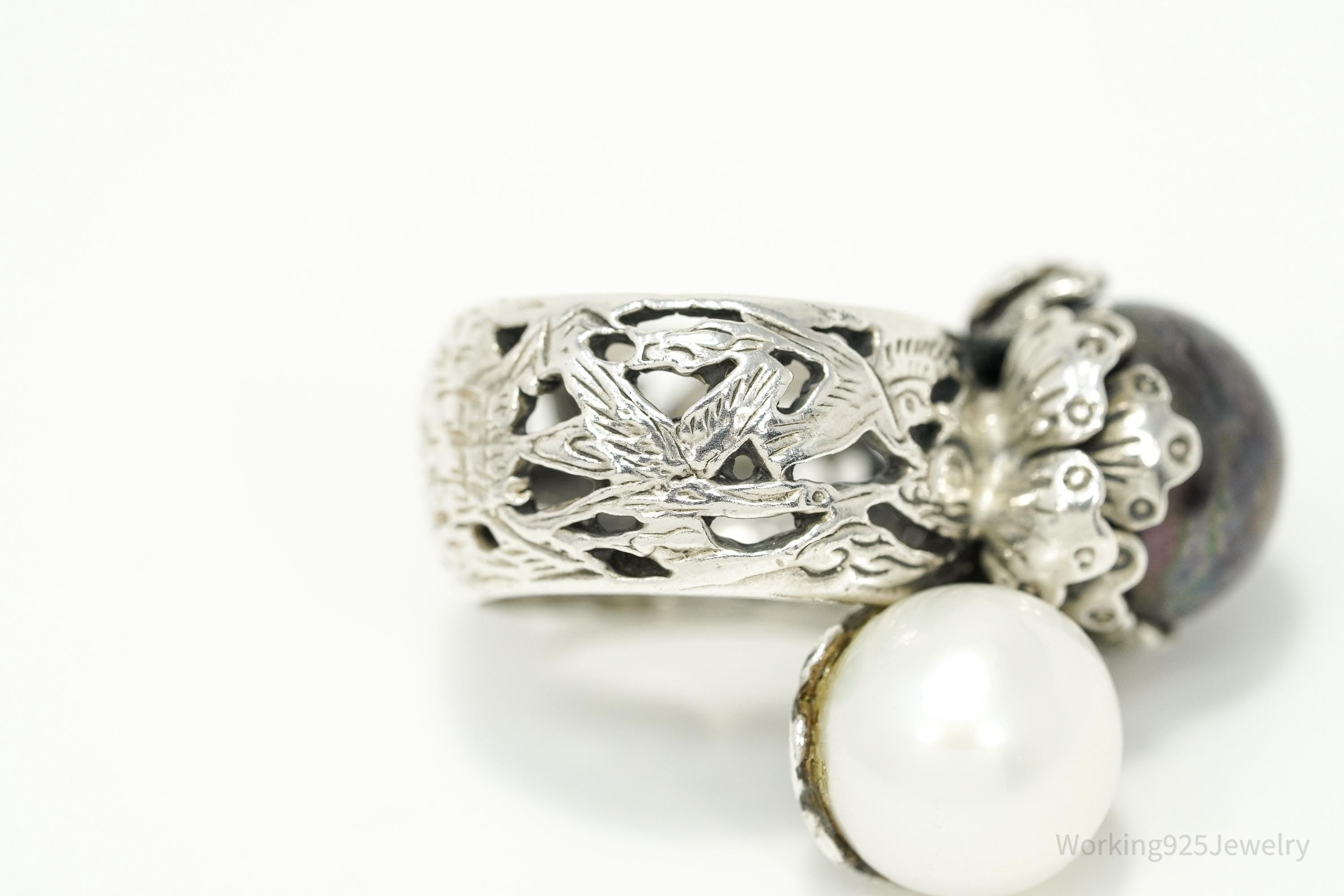 Vintage White & Tahitian Pearl Silver Ring Size 5.75