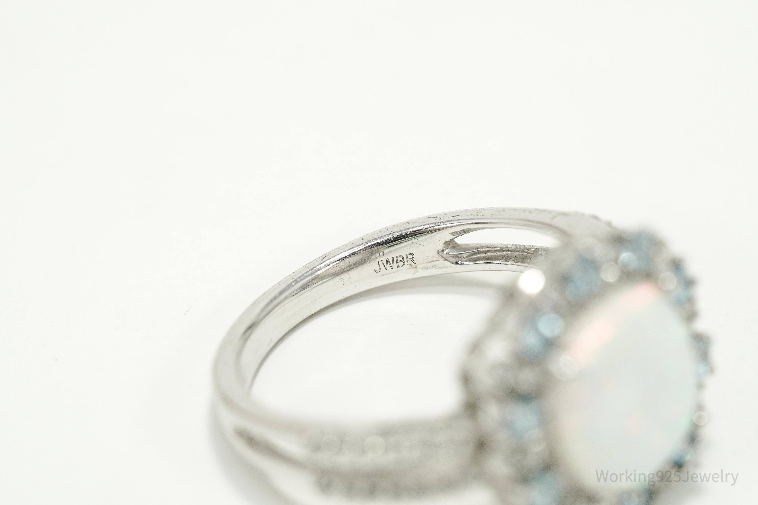 Vintage JWBR Sterling Silver Ring • Opal, Blue Topaz & CZ Cluster Size 7