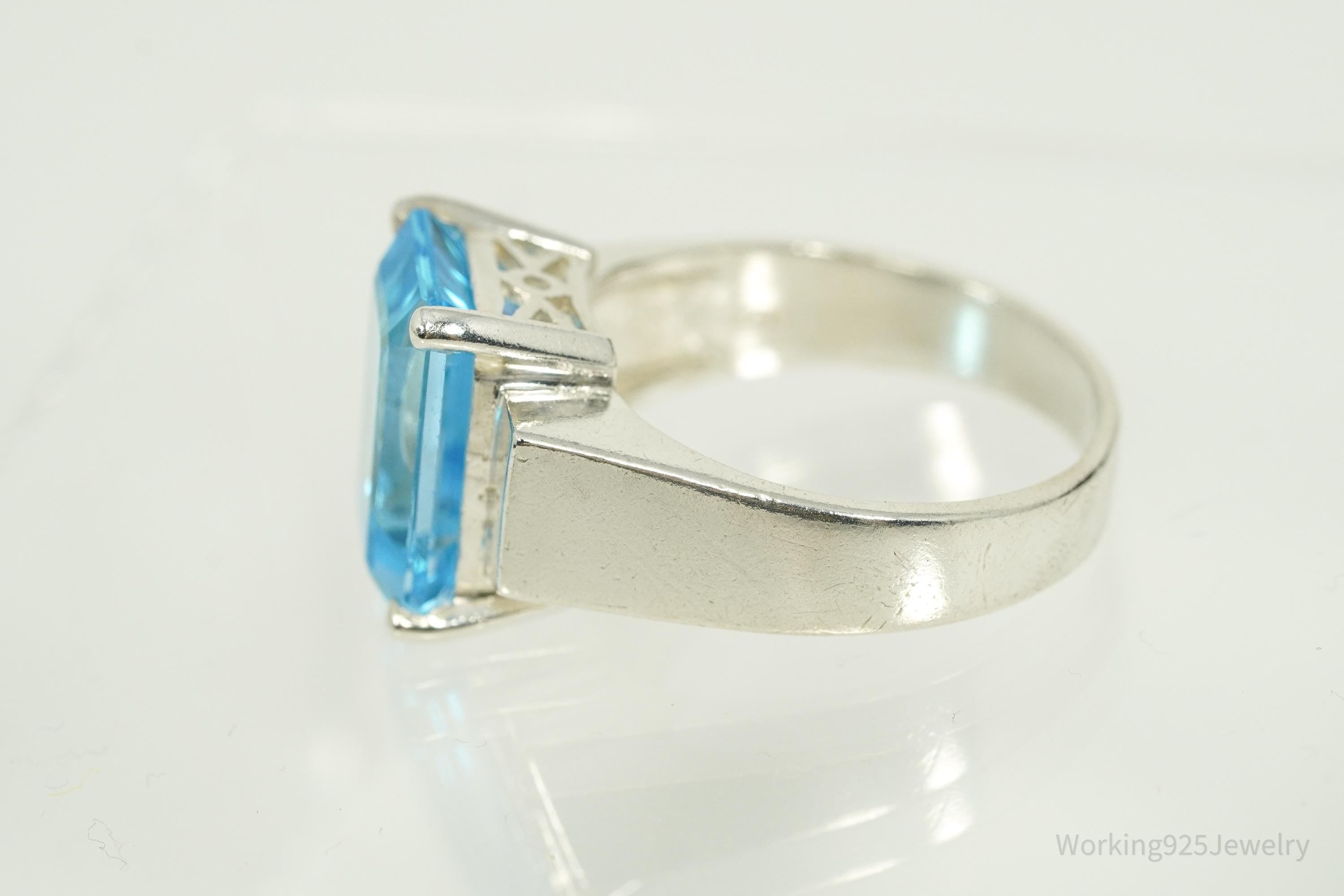 Vintage Large Blue Topaz Sterling Silver Ring - Size 10