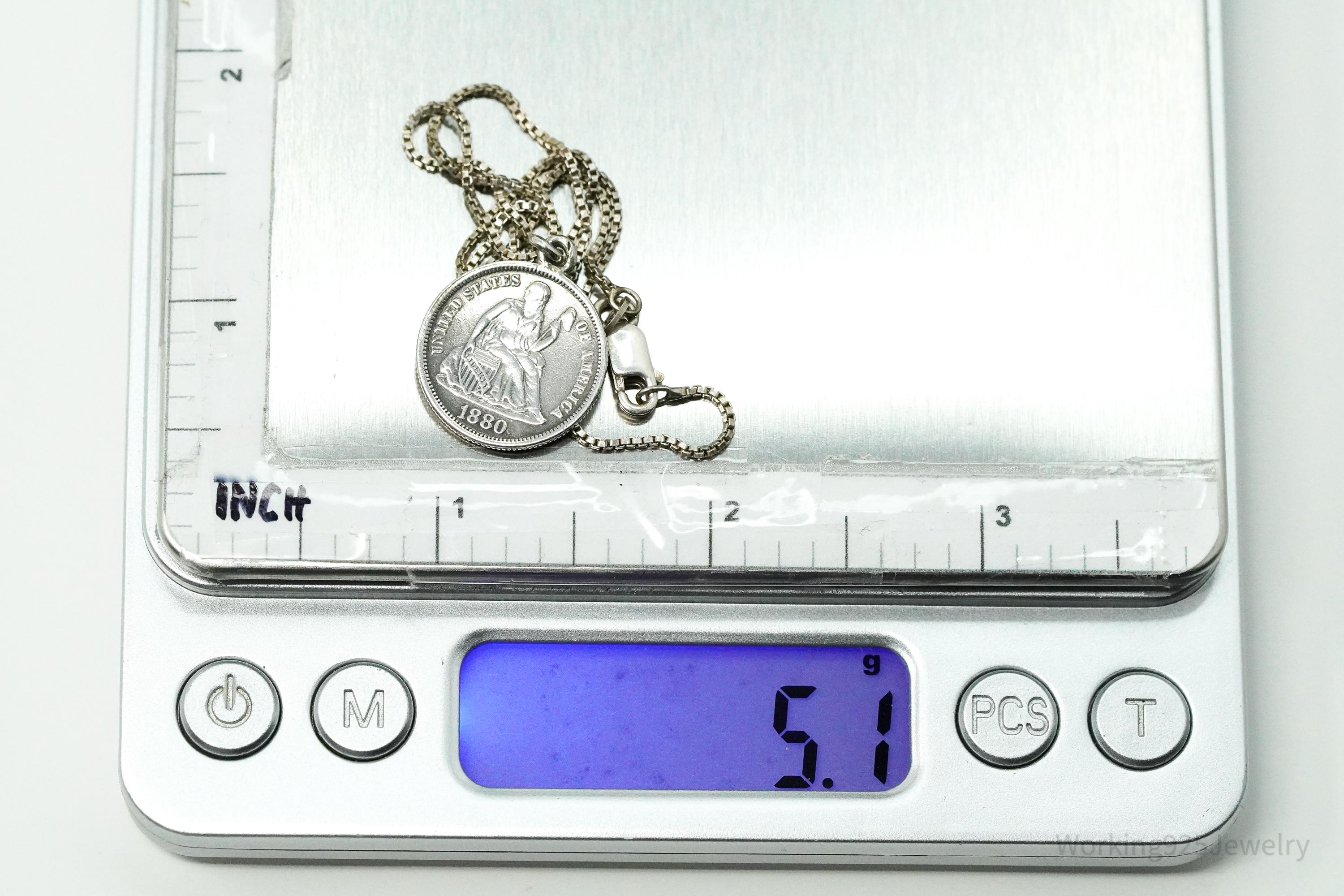 Antique Vintage 1880 Seated Liberty Dime Coin Sterling Silver Chain Necklace - 16"