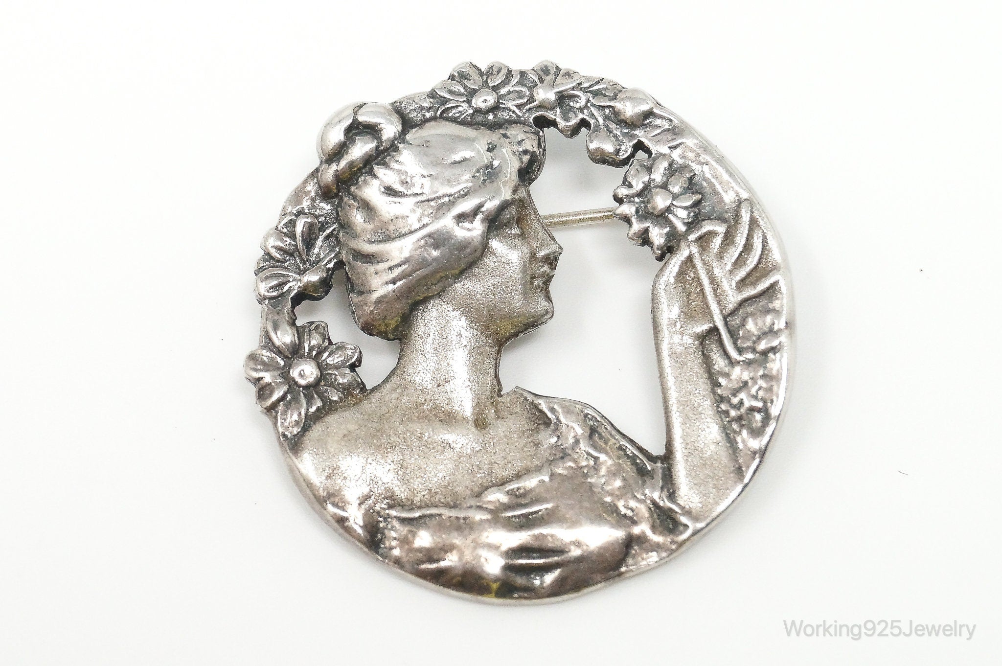 Vintage Large Cut Out Art Nouveau Woman Cameo Sterling Silver Pendant Pin