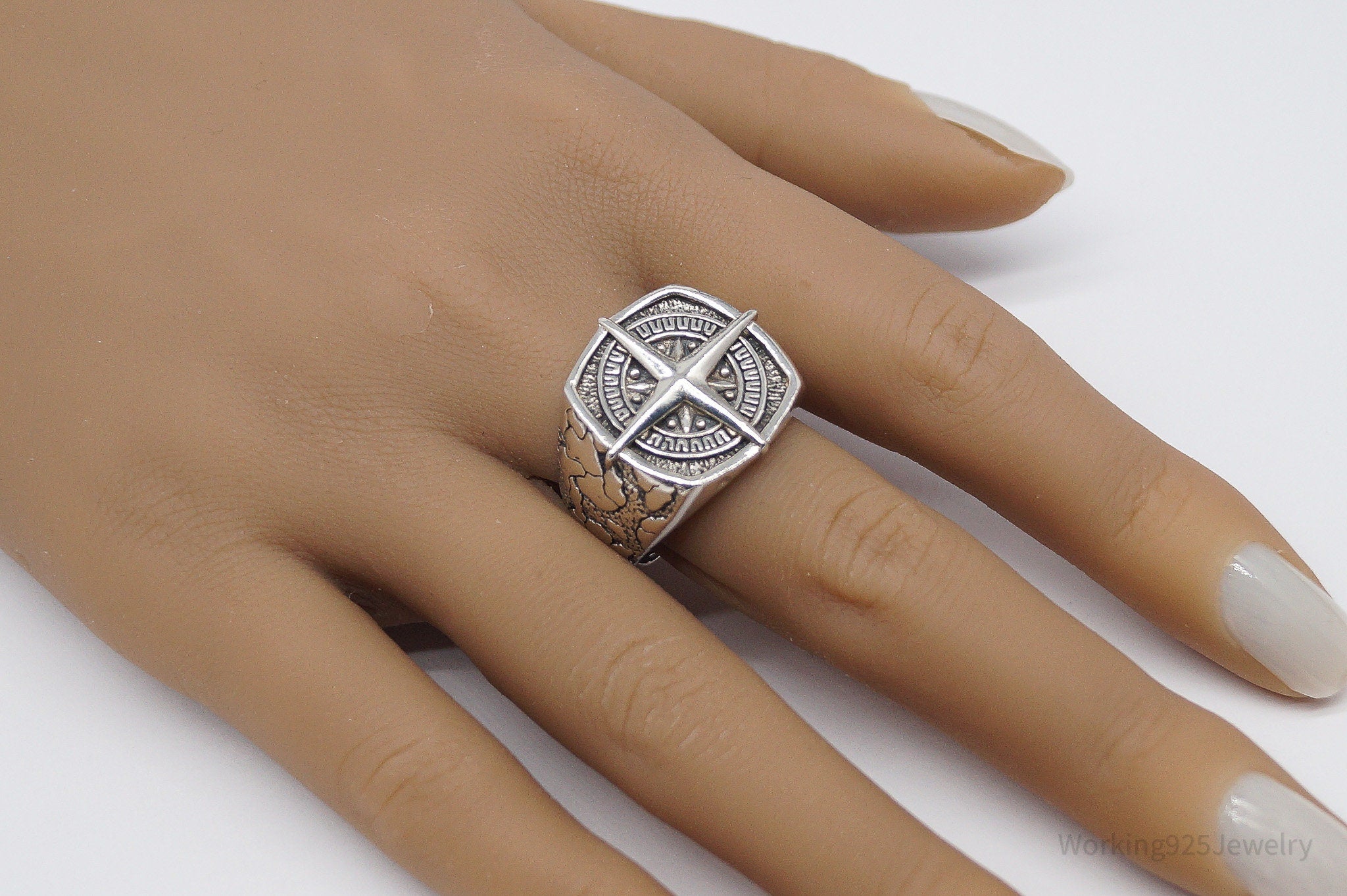 Vintage Nautical Style Compass Sterling Silver Ring - Size 11