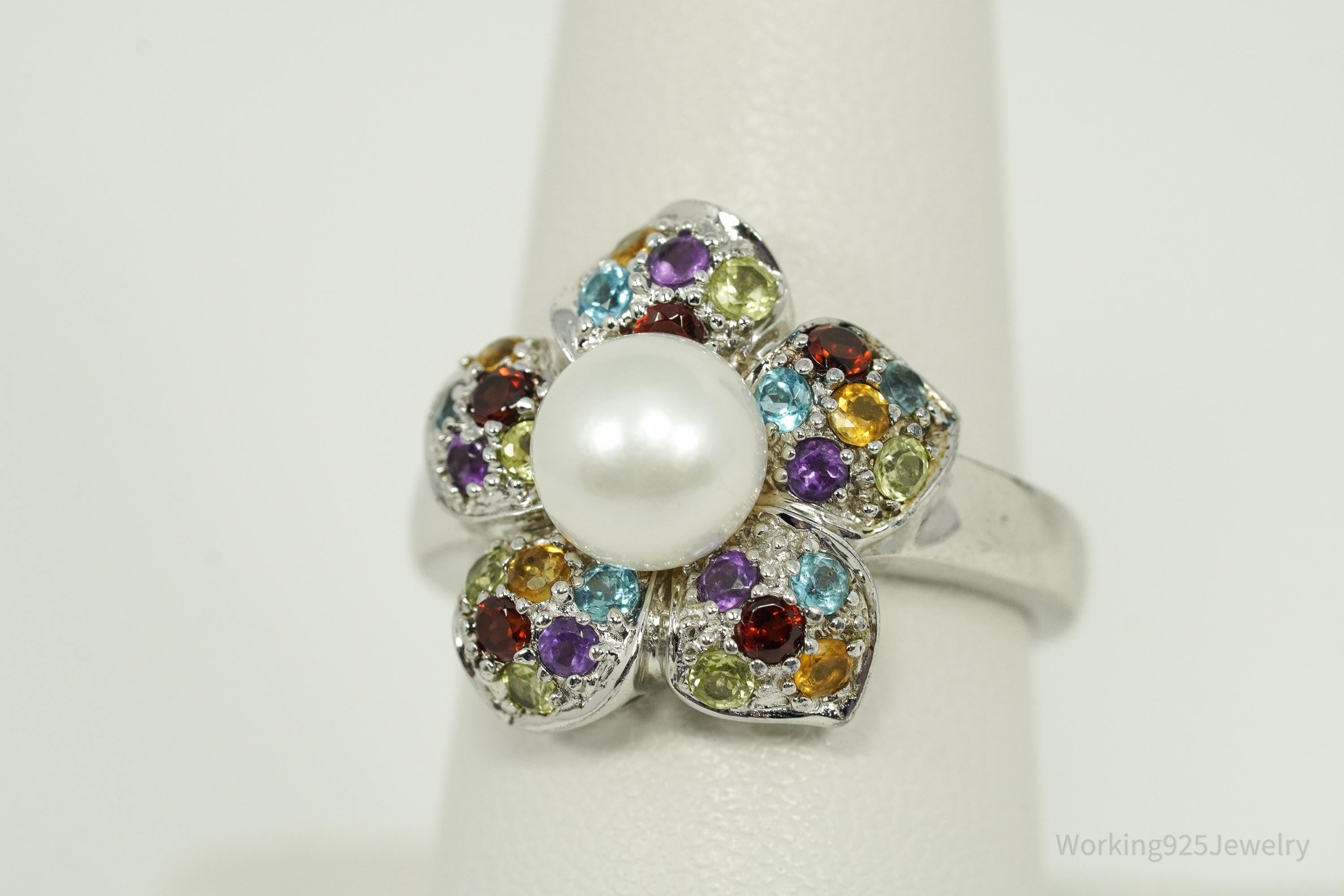 Vintage Designer Pearl & Multi Gem Sterling Silver Ring - Size 8