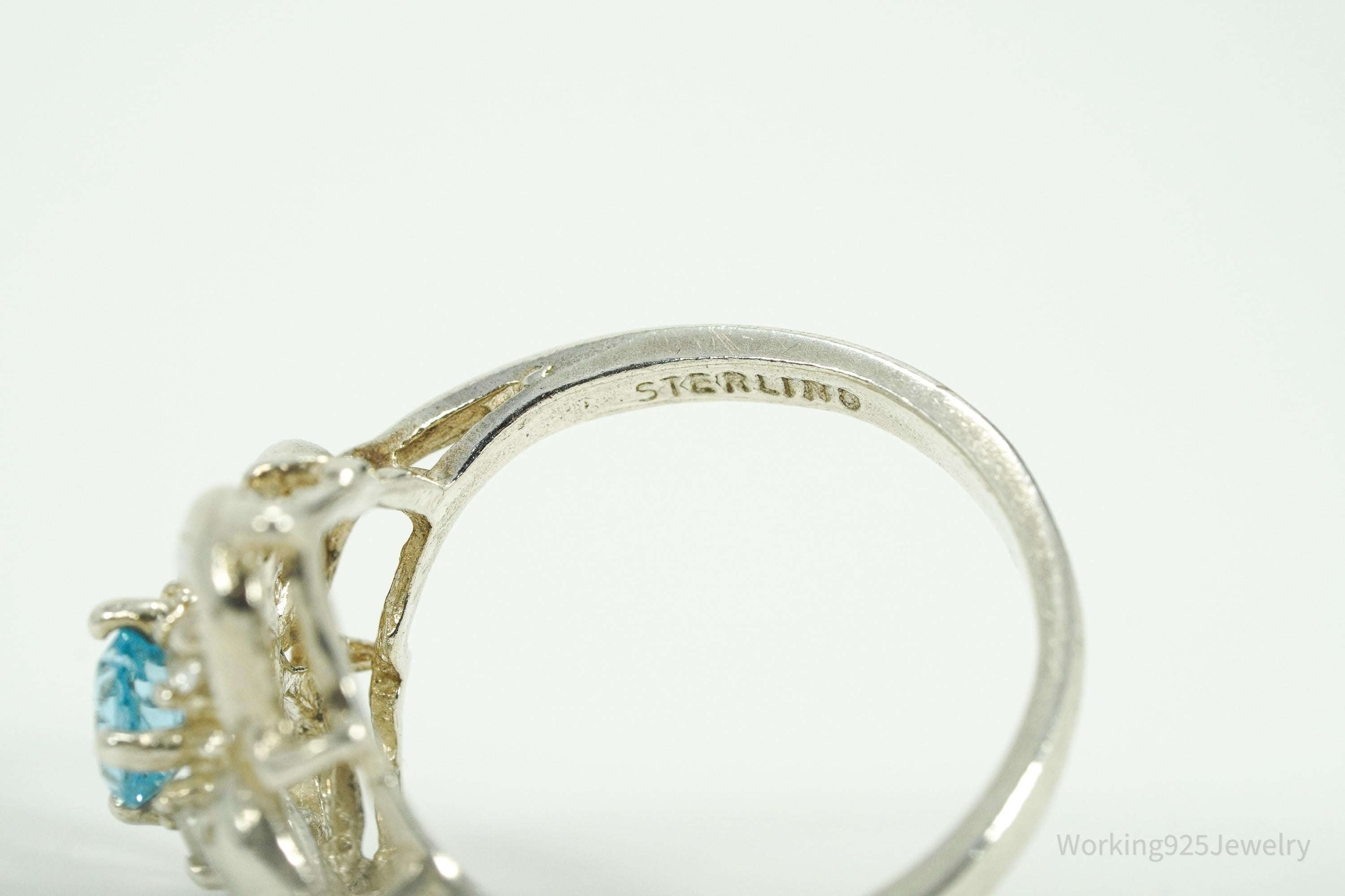 Vintage Blue Topaz & Cubic Zirconia Dolphins Sterling Silver Ring - Size 7