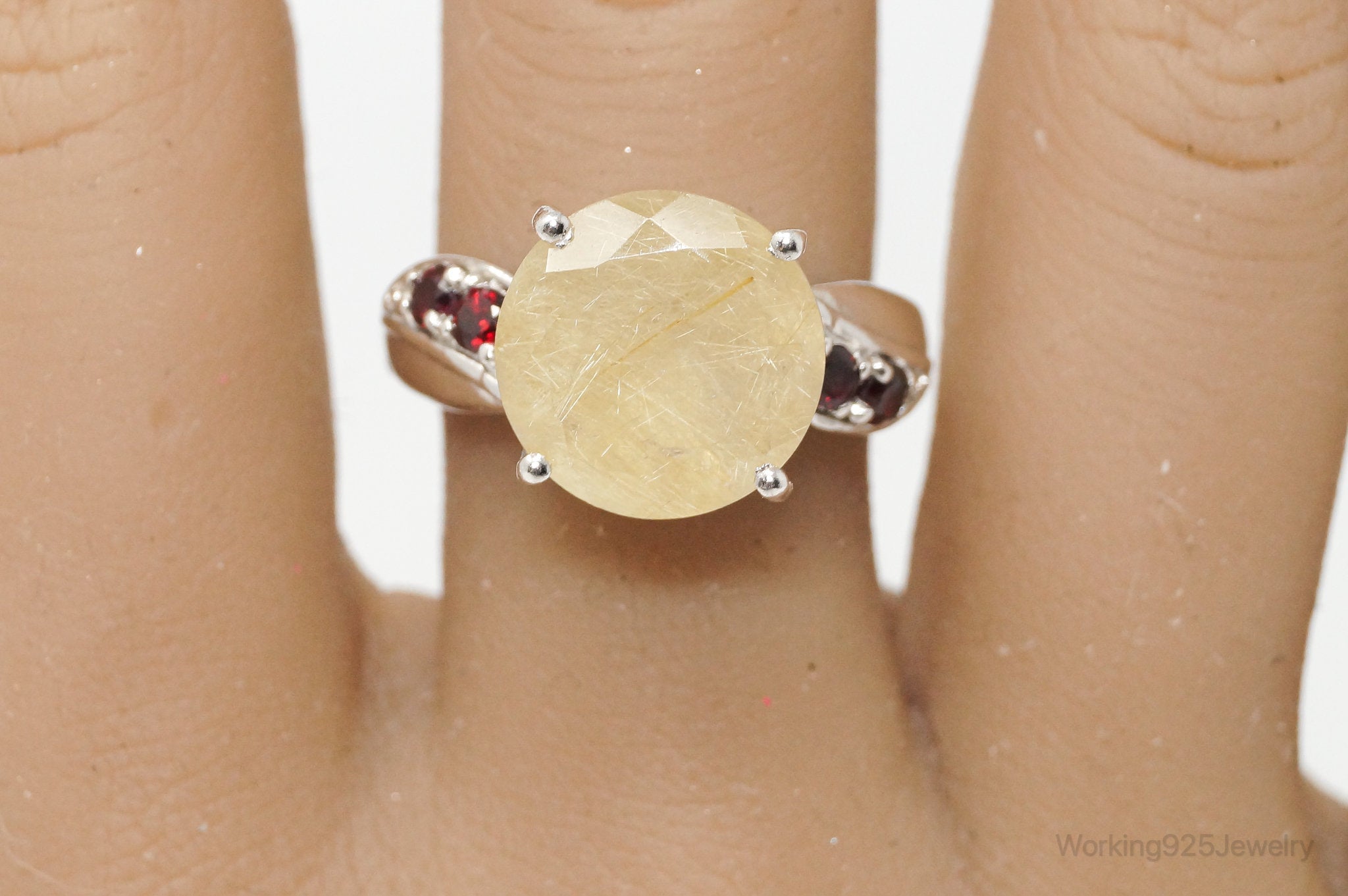 Vintage Rutilated Quartz Garnet Sterling Silver Ring - Sz 8