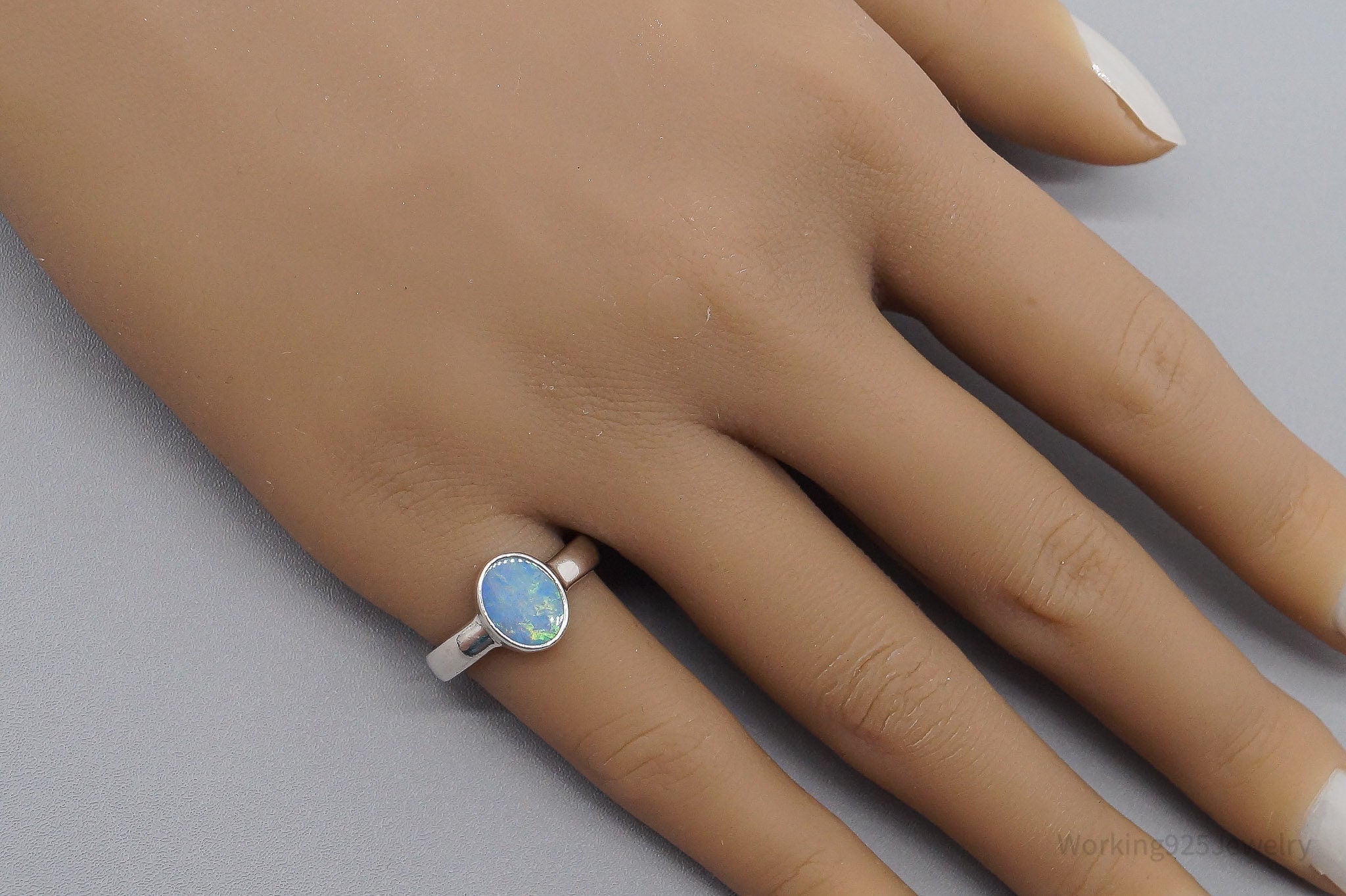 Vintage Blue Opal Sterling Silver Ring - Size 6.75