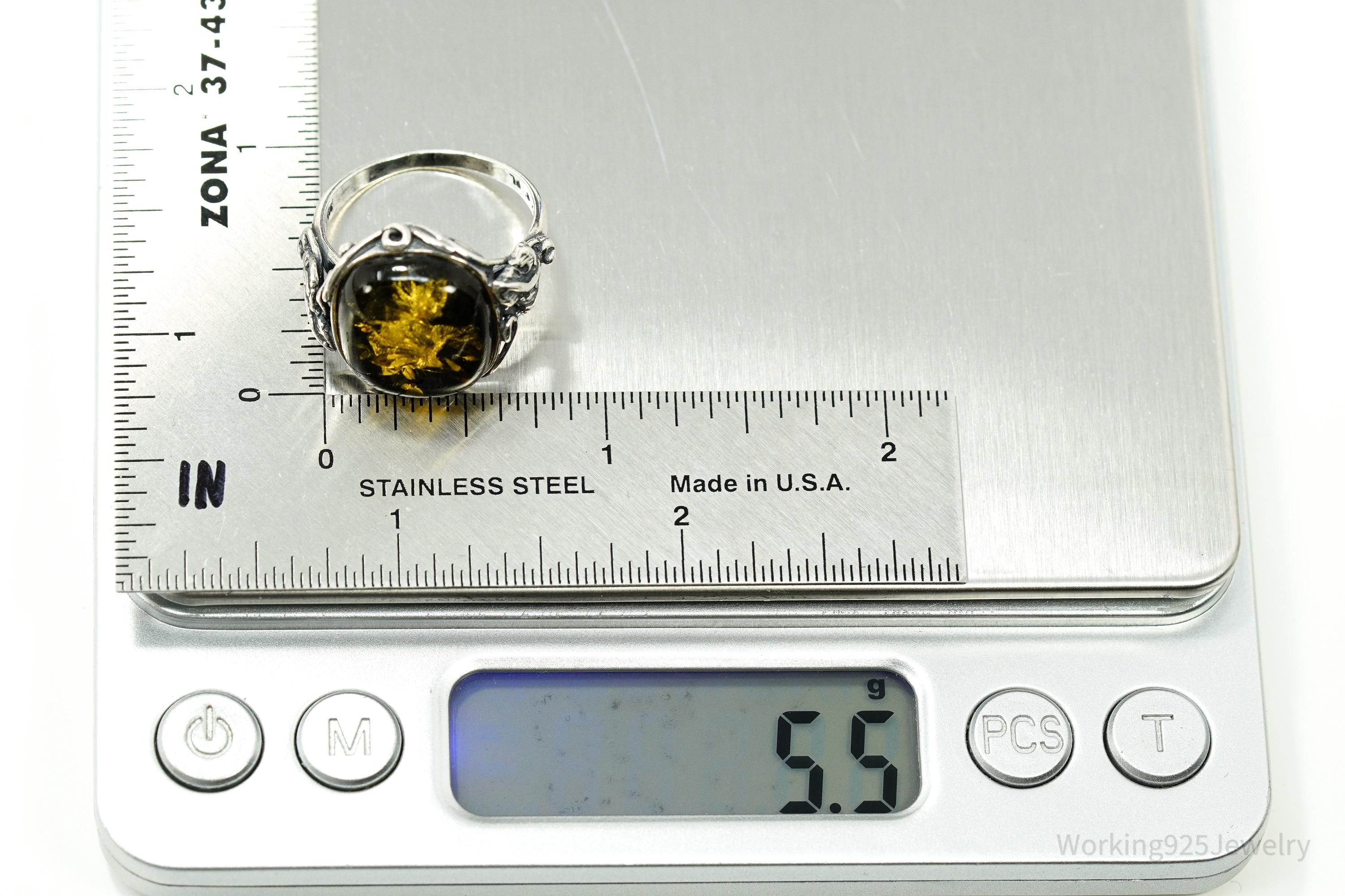 Vintage Large Amber Modernist Style Sterling Silver Ring - Size 9