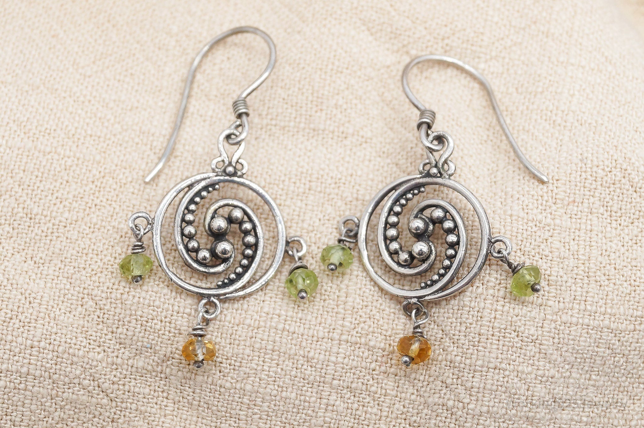 Vintage Peridot & Citrine Filigree Silver Earrings
