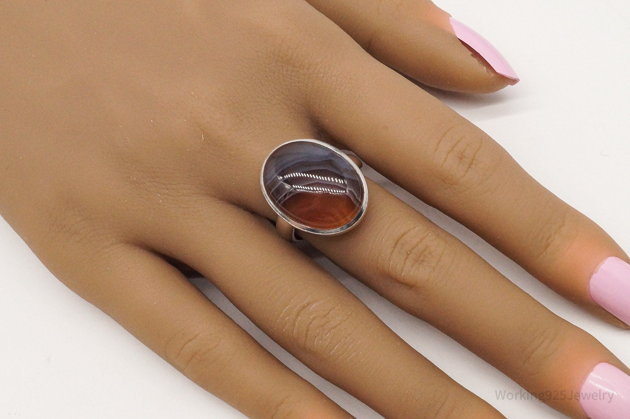 Vintage Large Botswana Agate Sterling Silver Ring - Size 8.25 Adjustable