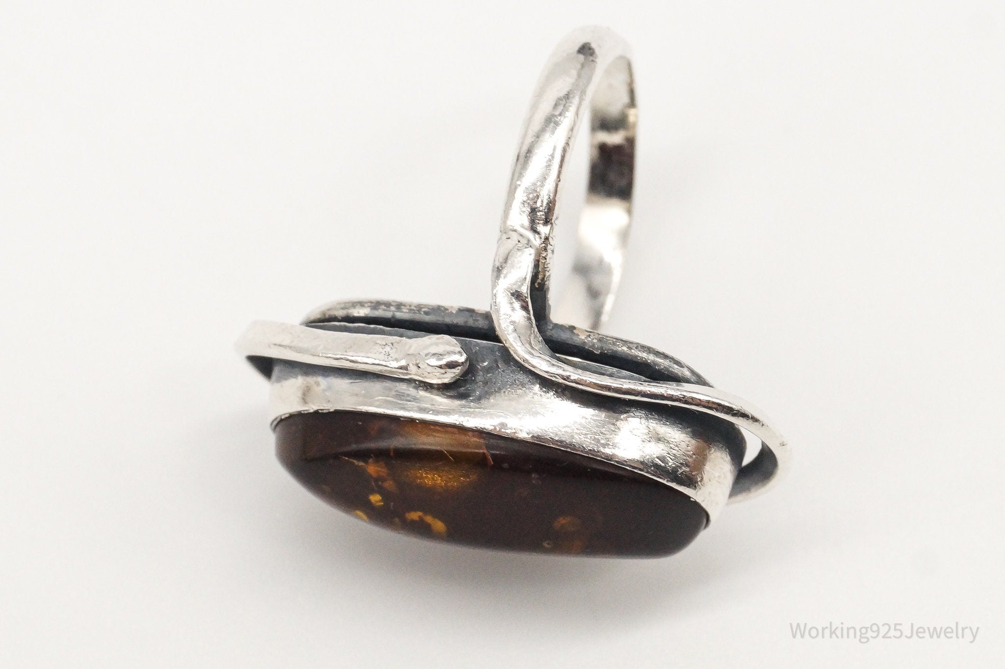 Vintage Polish Amber Modernist Sterling Silver Ring - Size 8.25