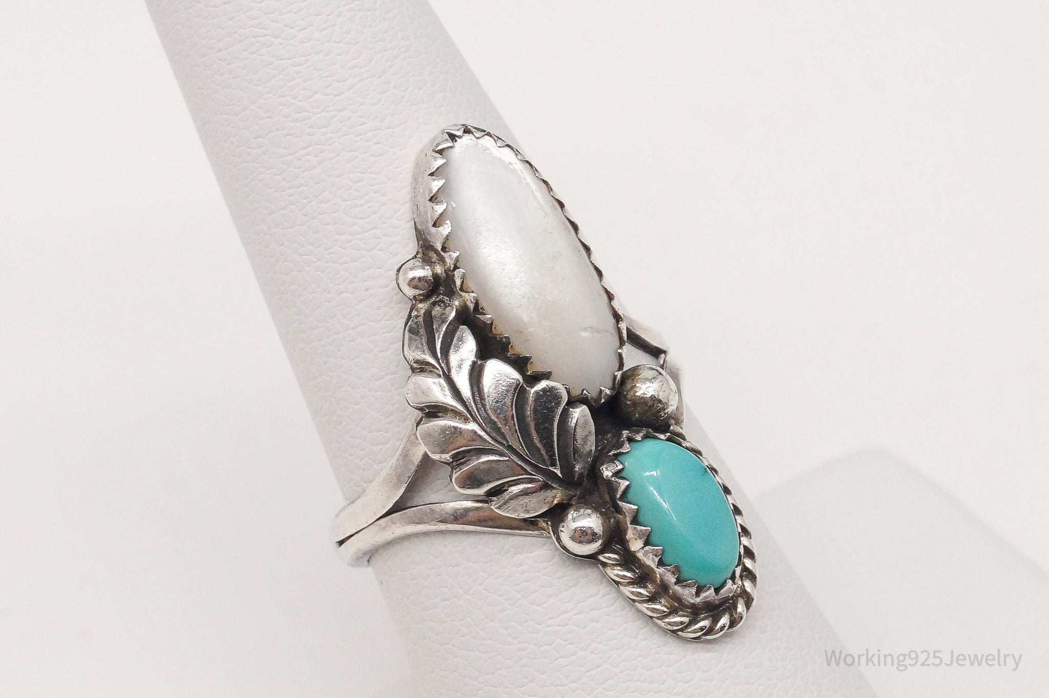 Vintage Native American Turquoise Mother Of Pearl Silver Ring - Size 7.75