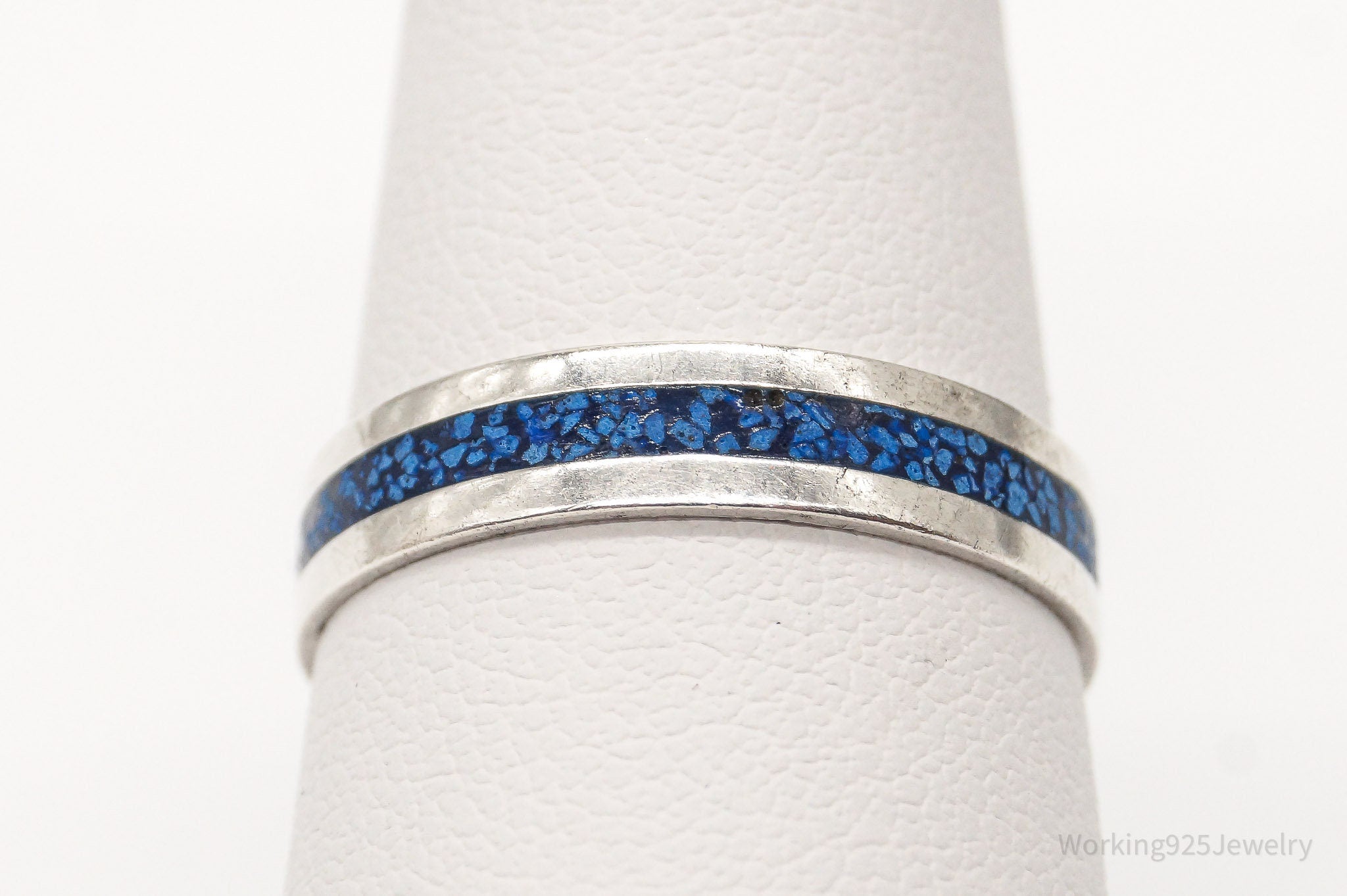 Vintage Modernist Crushed Lapis Lazuli Inlay Sterling Silver Band Ring - Sz7.75